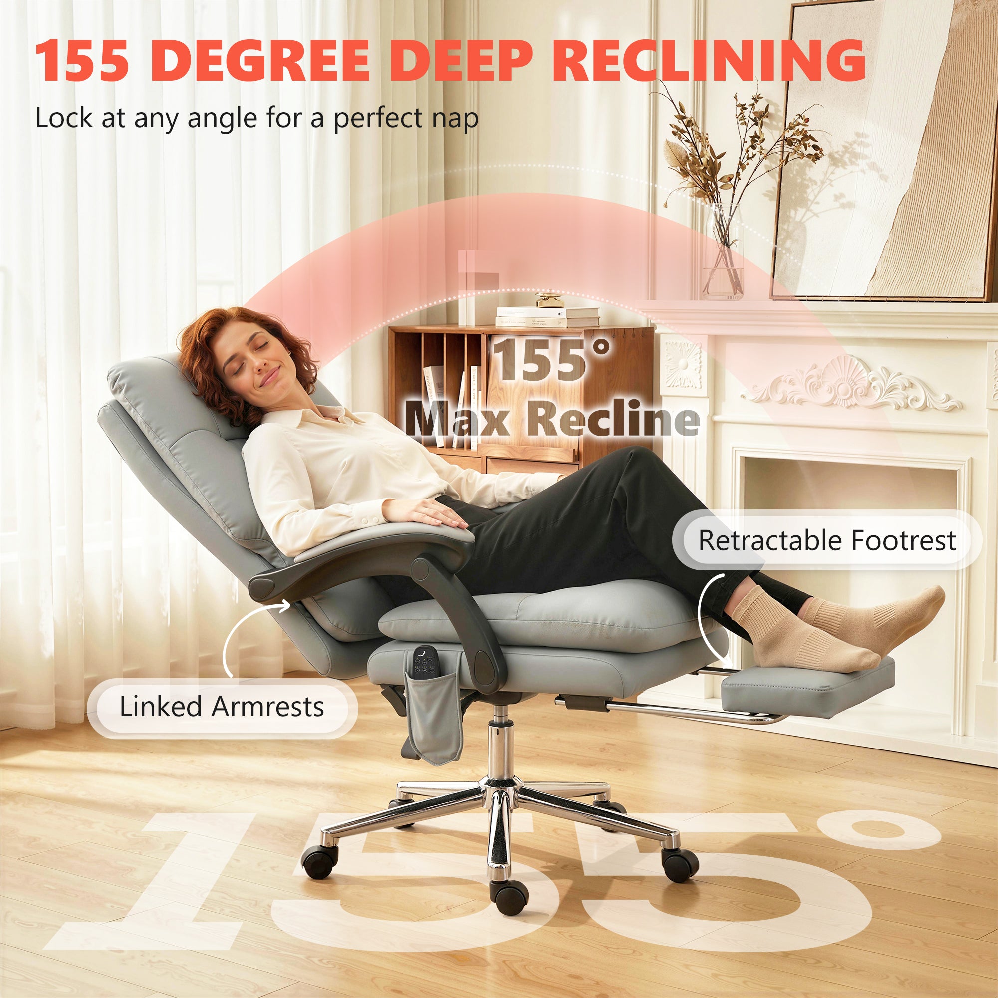 Massage Office Chair with 6-Point Vibration, Pet-Friendly Faux Leather Ergonomic Executive Desk Chair, Light Gray
