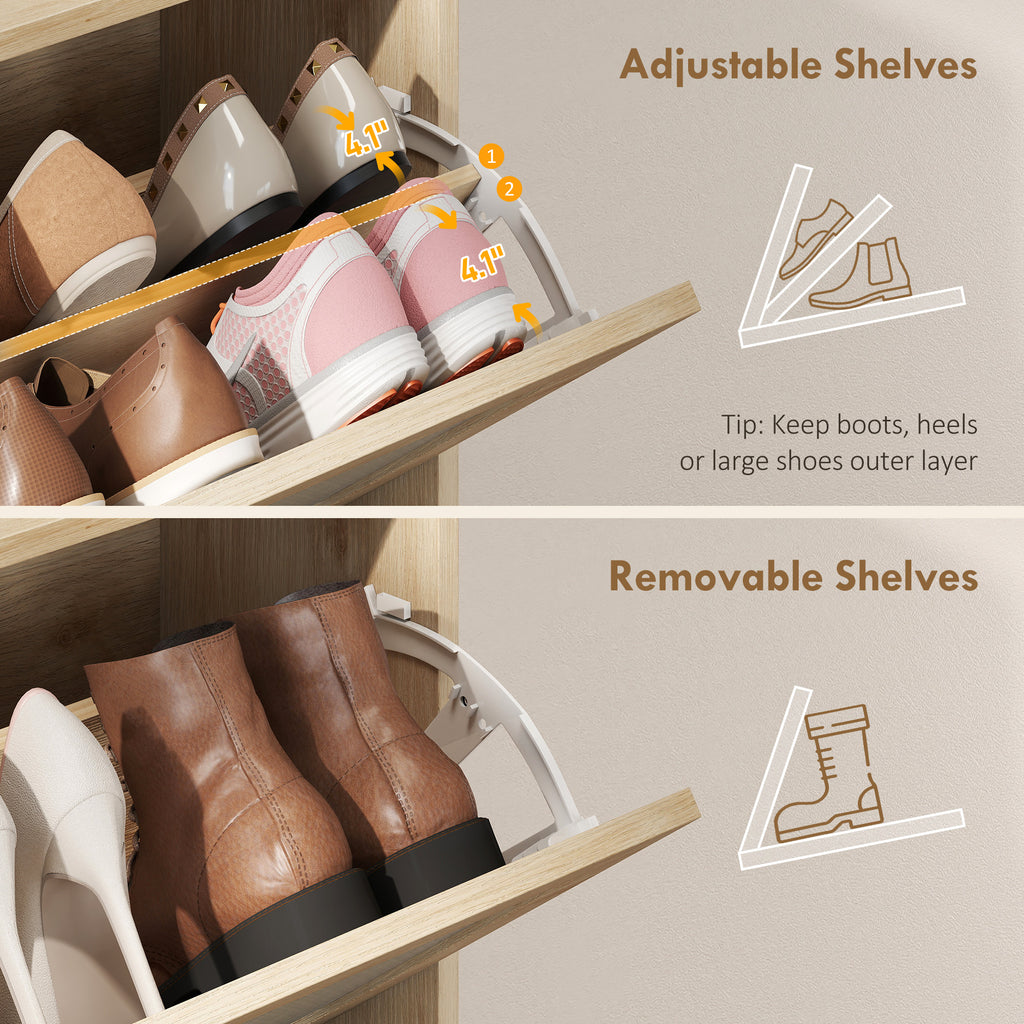 Shoe Cabinet with 2 Flip Drawers, Boho Narrow Shoe Storage Cabinet, Oak