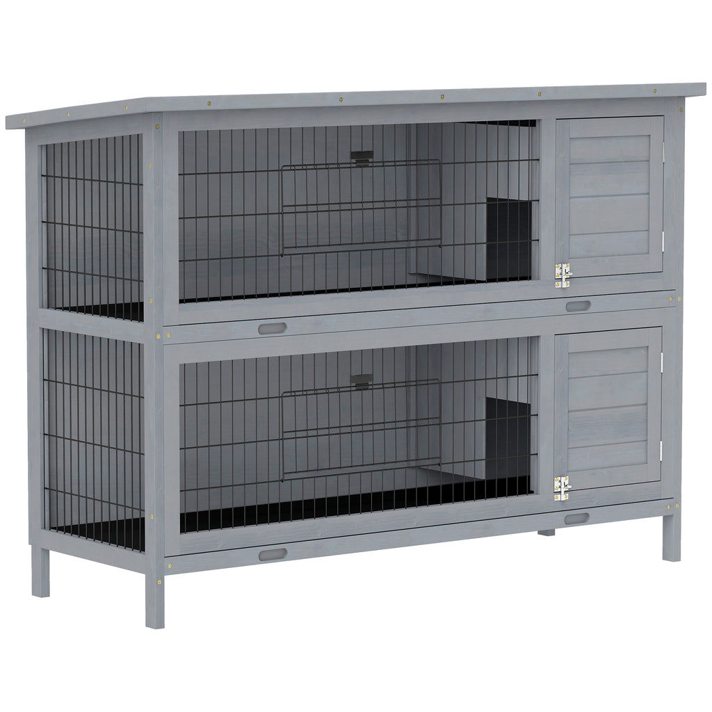 54" 2-Story Large Rabbit Hutch Bunny Cage Wooden Pet House Small Animal Habitat Lockable Doors, Tray, Roof, Gray