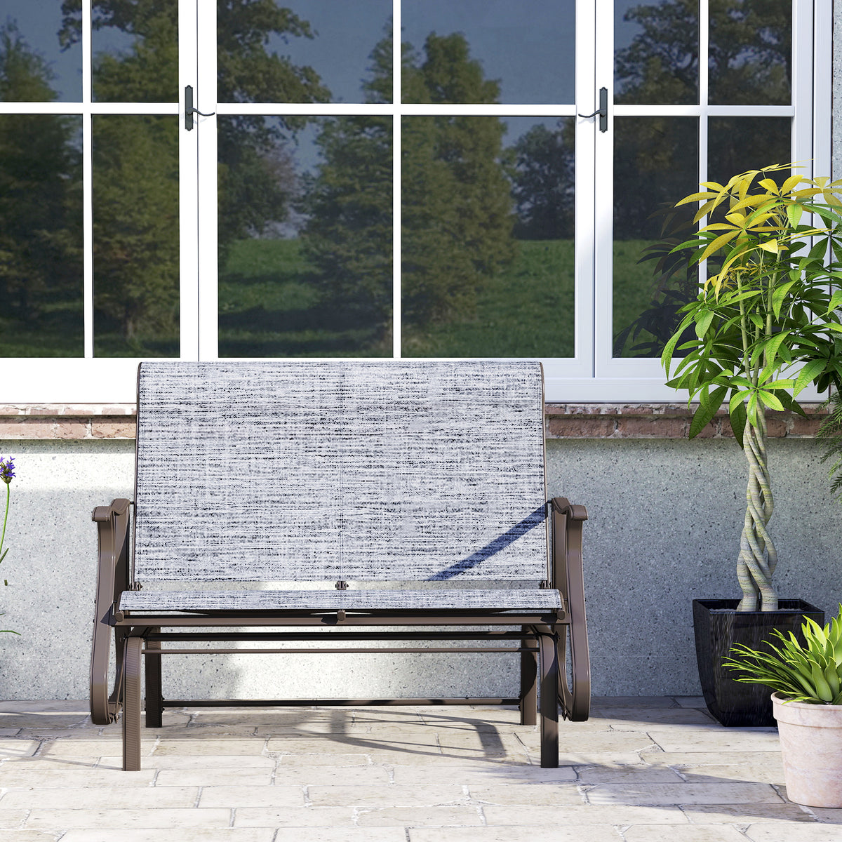 2-Person Outdoor Glider Bench, Patio Glider Loveseat Chair with Powder Coated Steel Frame, 2 Seats Porch Rocking Glider for Backyard, Lawn and Garden, Mixed Gray