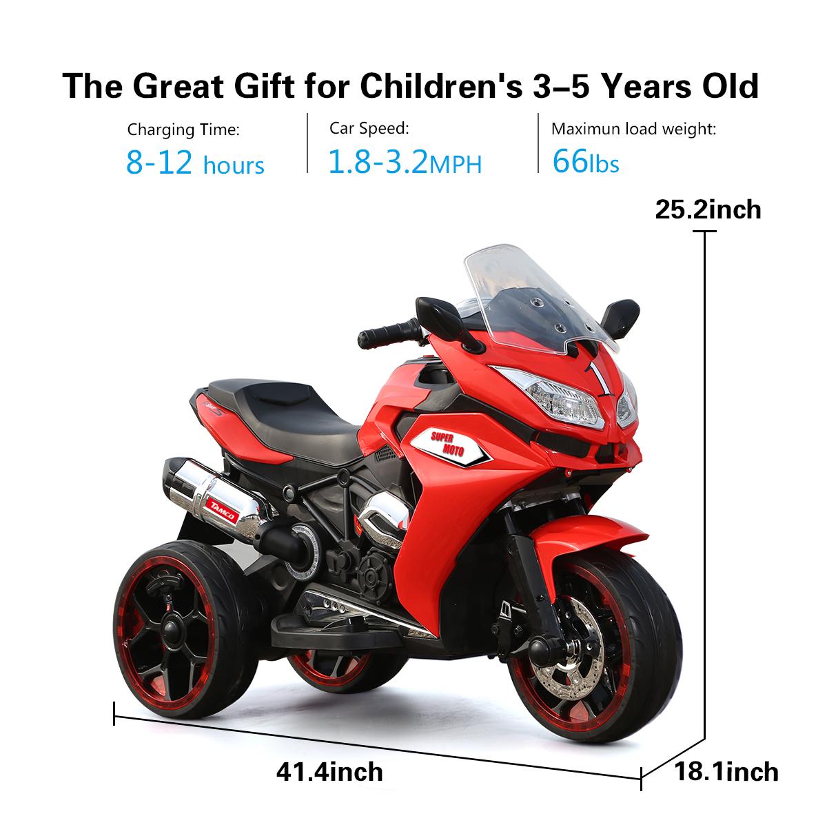 12V Kids Electric Ride-On Motorcycle with LED Lighted Wheels and Bluetooth MP3, Motorbike Perfect for Ages 3–6, 41.5" L x 18" W x 25" H, Red