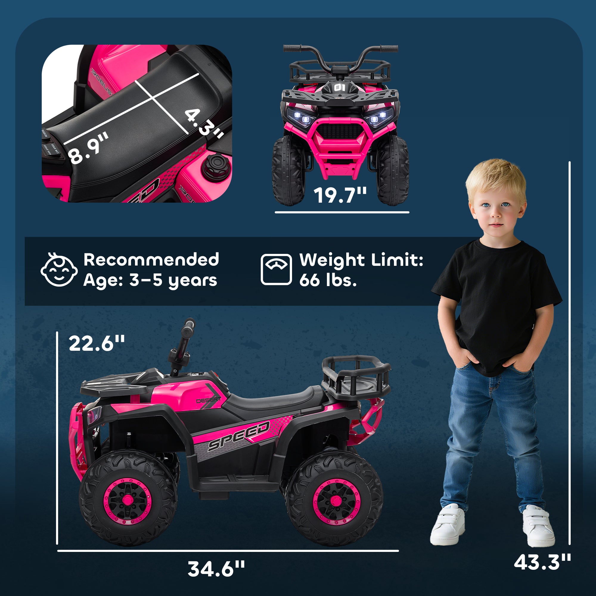 12V Kids ATV, 4 Wheeler Quad with 4 Spring Suspension Wheels, LED Lights, Music USB, Pink