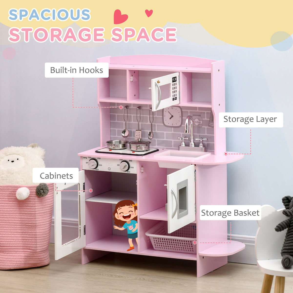 Pretend Play Kitchen with Sound Effects and Stove Lights, Kids Kitchen Playset with Storage, Water Dispenser Preschool & Kindergarten Gift for 3-6 Years Old, Pink