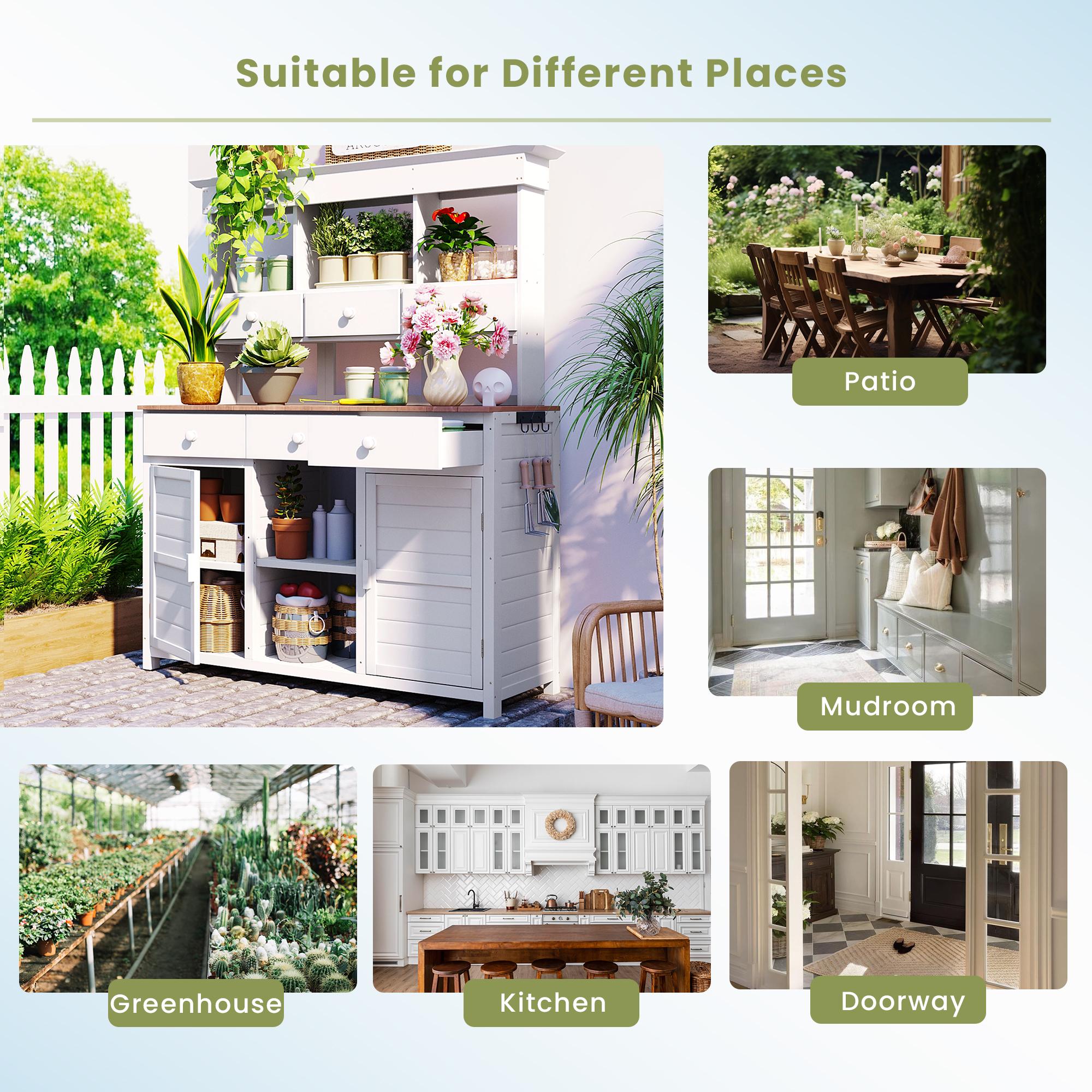 Garden Potting Bench with Hutch, 6 Drawer & 2 Cabinet, Tall Wood Workstation with 3 Shelf & Side Hooks, 50'' L x 20.5'' W x 65.5'' H, White