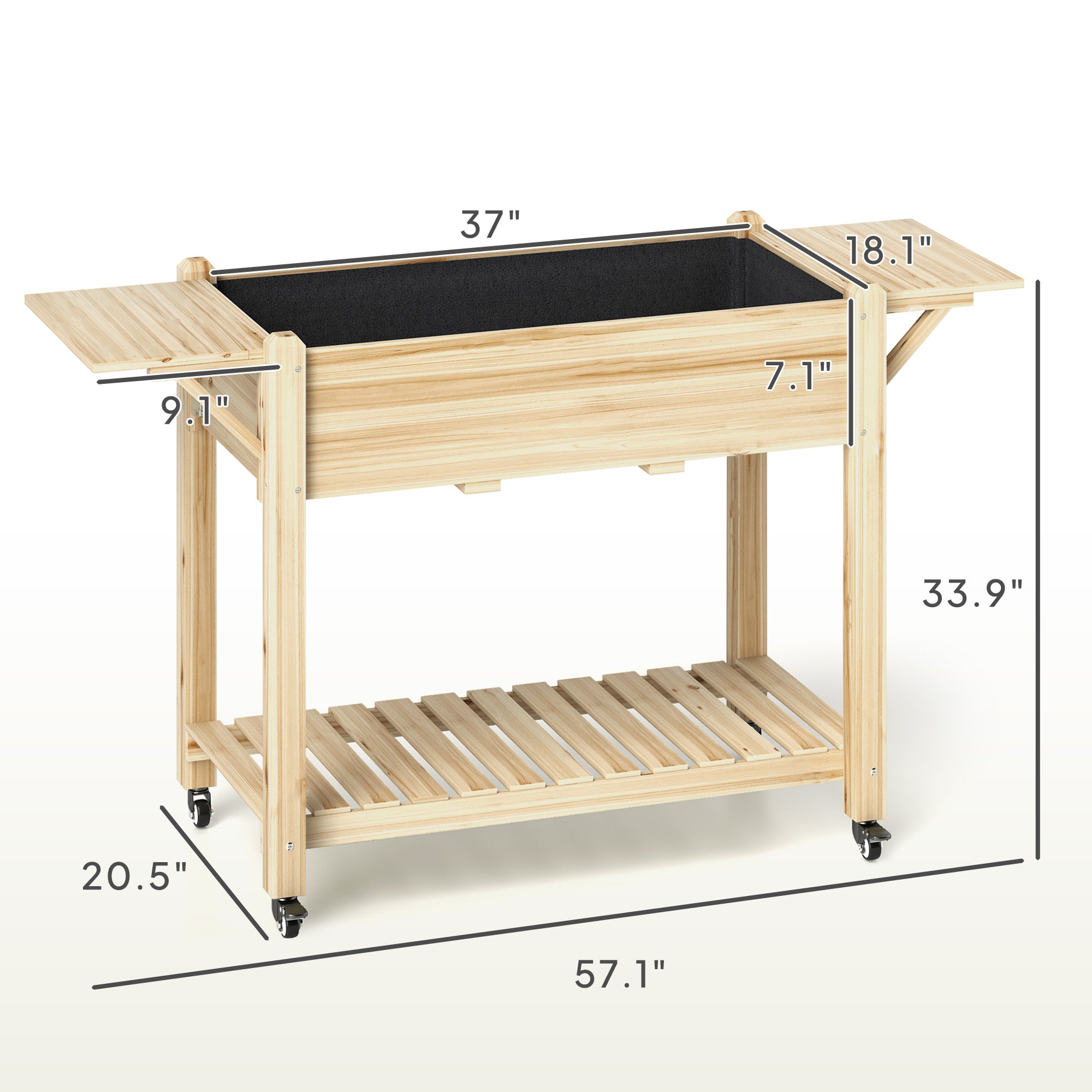 Wood Raised Planter Box, Elevated Garden Bed with Lockable Wheels, Side Tables, Bottom Shelf, Drain Holes, Natural