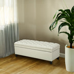 Storage Ottoman with Birch Legs, Faux Leather Tufted, 50" L x 20.5" W x 18.25" H, Spot Clean, Ivory