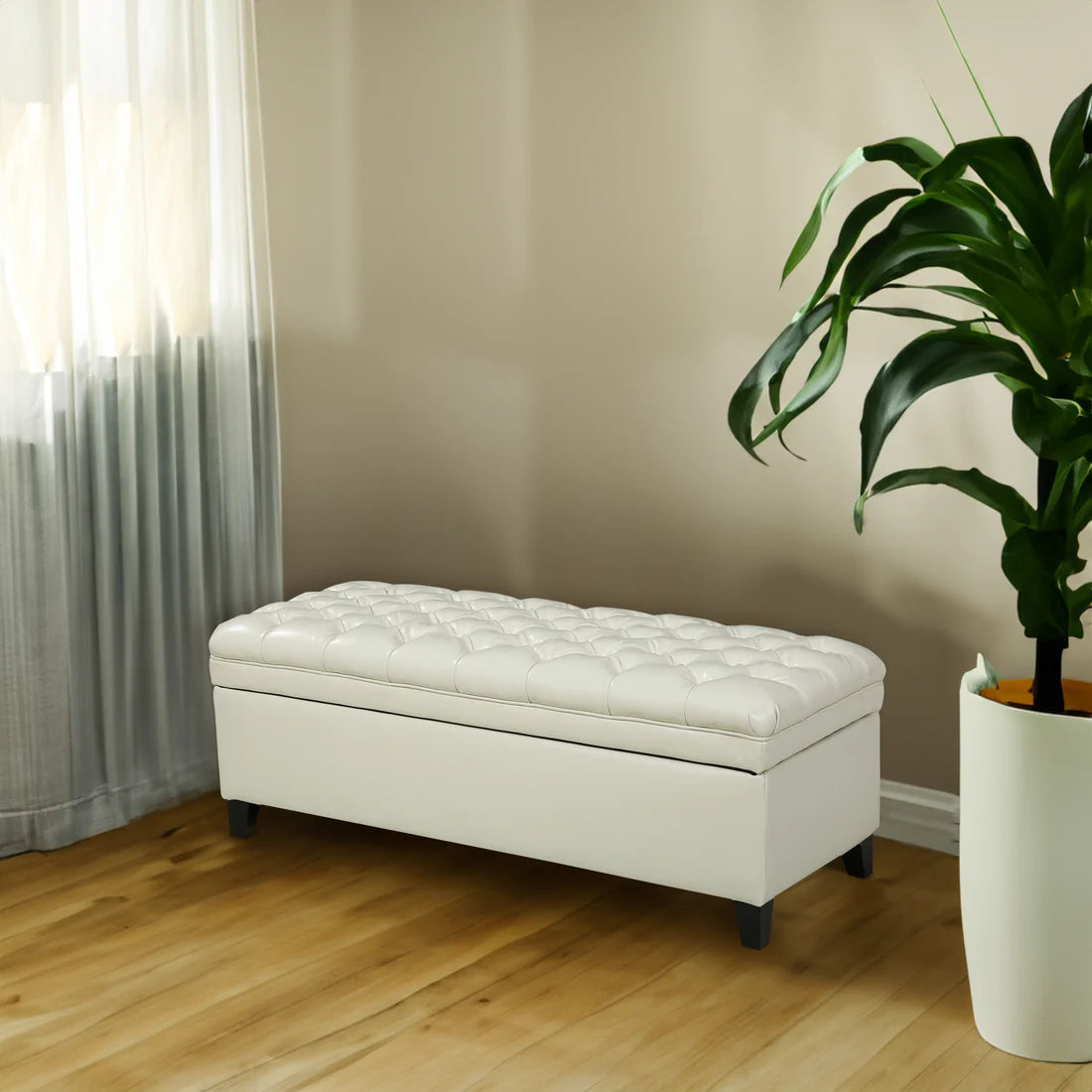 Storage Ottoman with Birch Legs, Faux Leather Tufted, 50" L x 20.5" W x 18.25" H, Spot Clean, Ivory