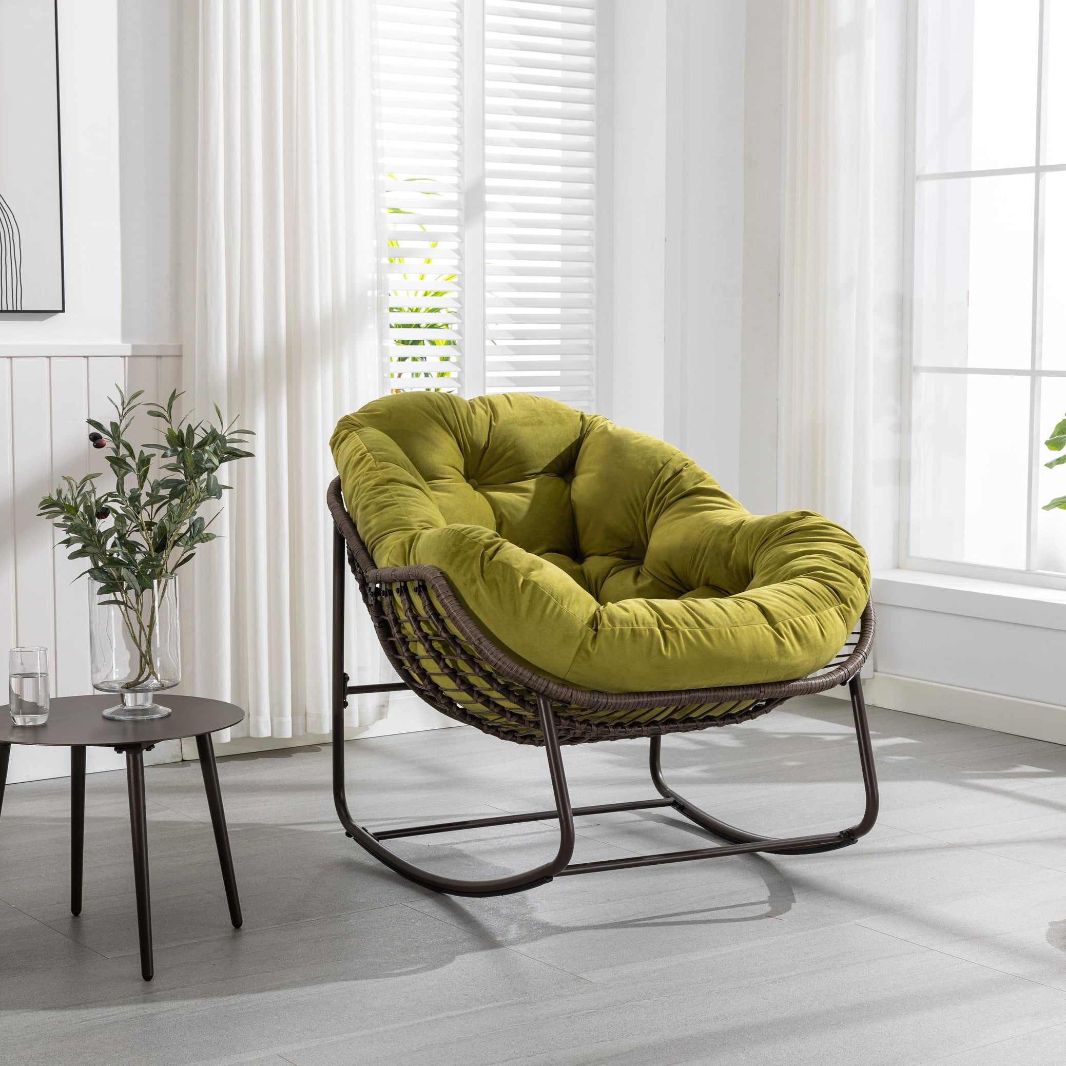 Outdoor Rattan Rocking Chair with Padded Cushion, Oversized Recliner Rocker for Porch, Patio, Living Room, Garden, 44" L x 37" W x 31.5" H, Olive