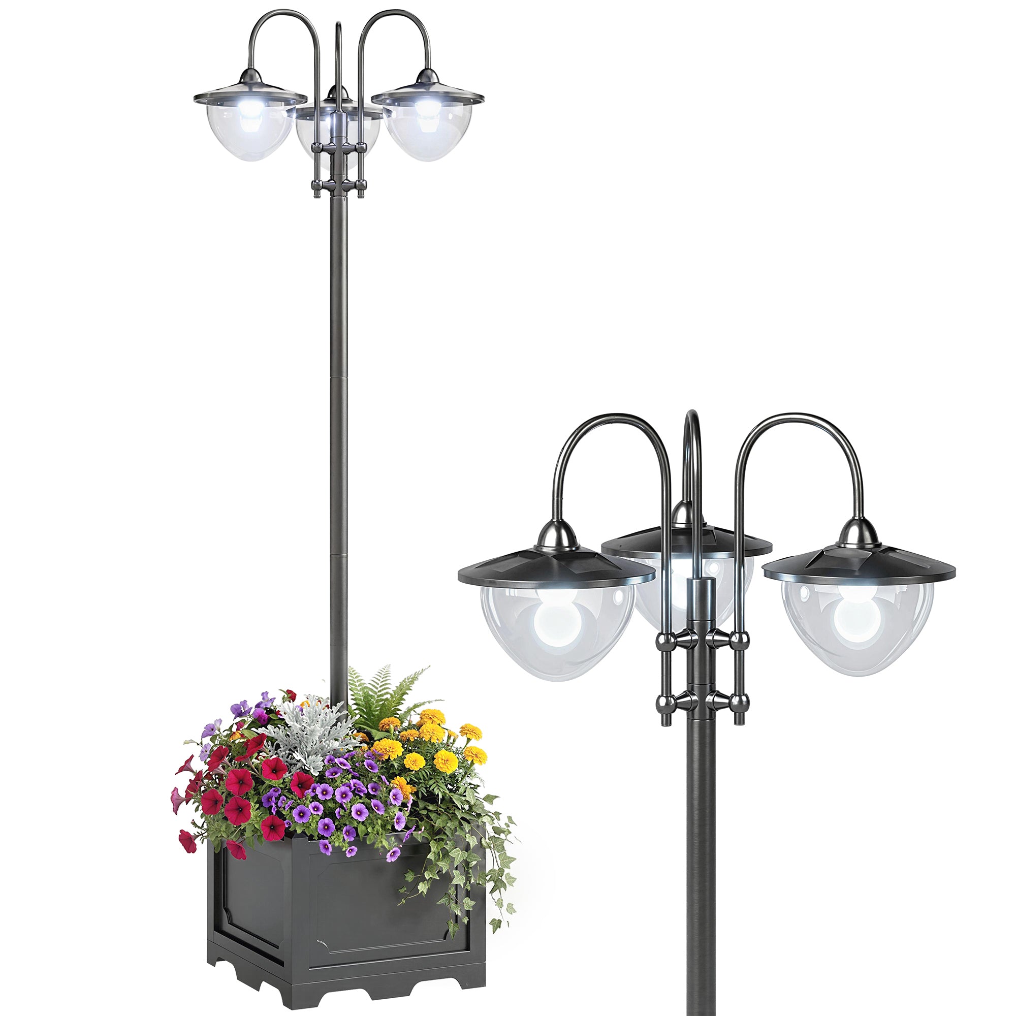 74.5" 3-head Solar Lamp Post Light with Planter, Solar Pole Lights Outdoor Waterproof LED Lighting for Backyard Pathway Patio Lawn Driveway Decor, Black