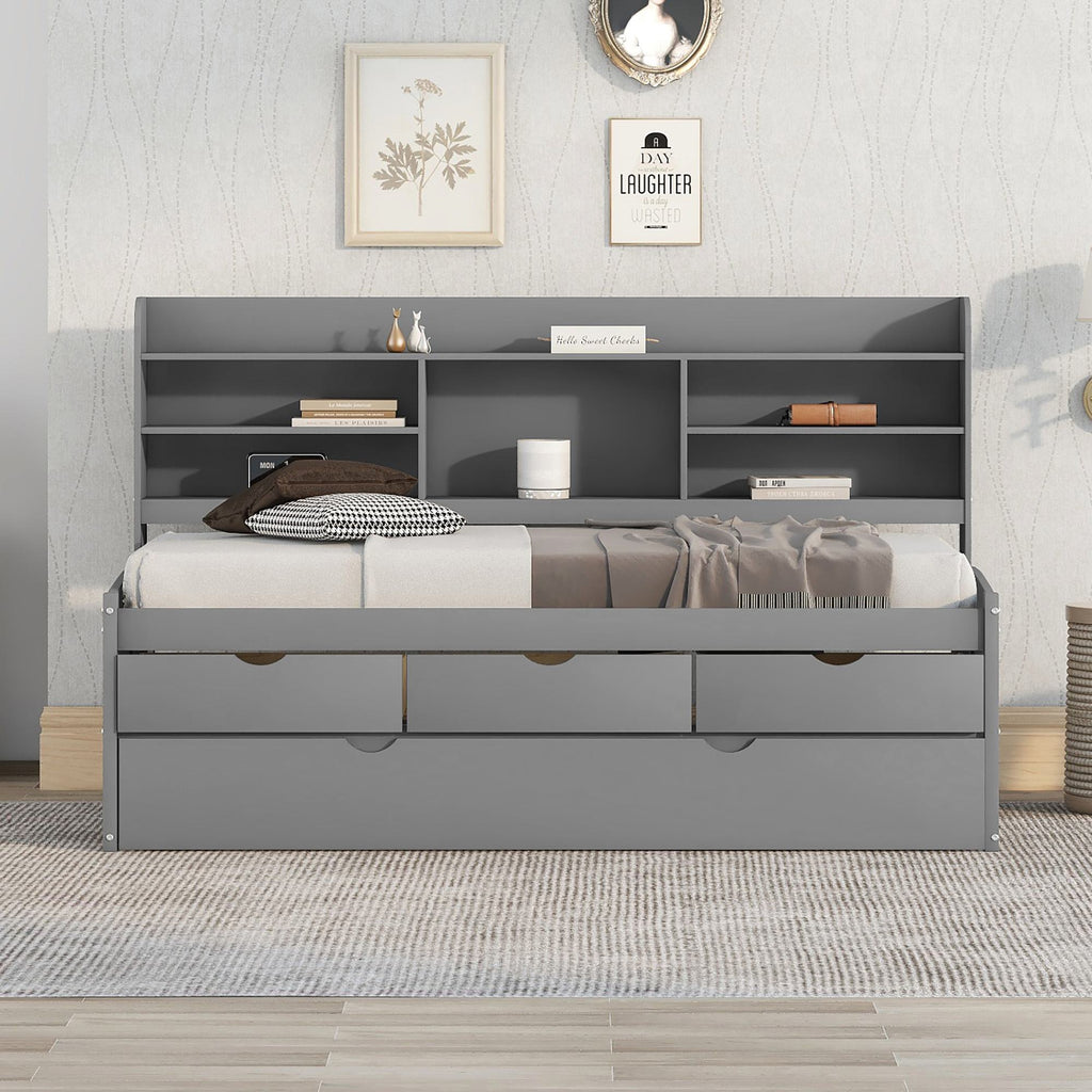 Classic Style Twin Size Wooden Captain Bed with Built-in Bookshelves, 3 Storage Drawers, and Trundle, 77.5" L x 88" W x 47" H, Grey