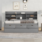 Classic Style Twin Size Wooden Captain Bed with Built-in Bookshelves, 3 Storage Drawers, and Trundle, 77.5" L x 88" W x 47" H, Grey