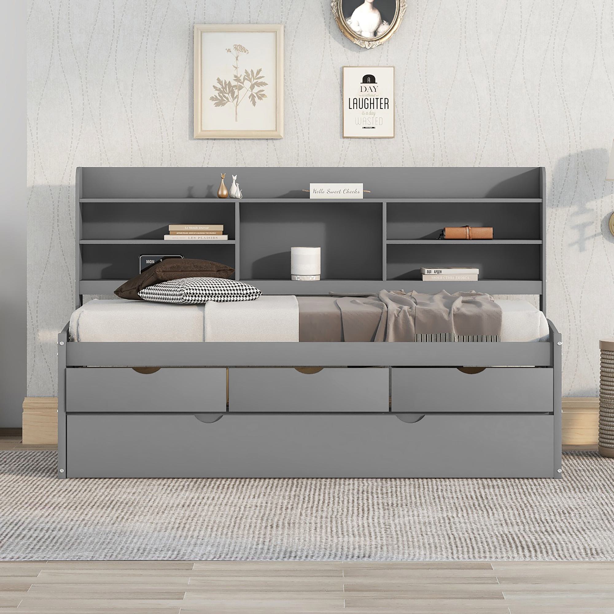 Classic Style Twin Size Wooden Captain Bed with Built-in Bookshelves, 3 Storage Drawers, and Trundle, 77.5" L x 88" W x 47" H, Grey