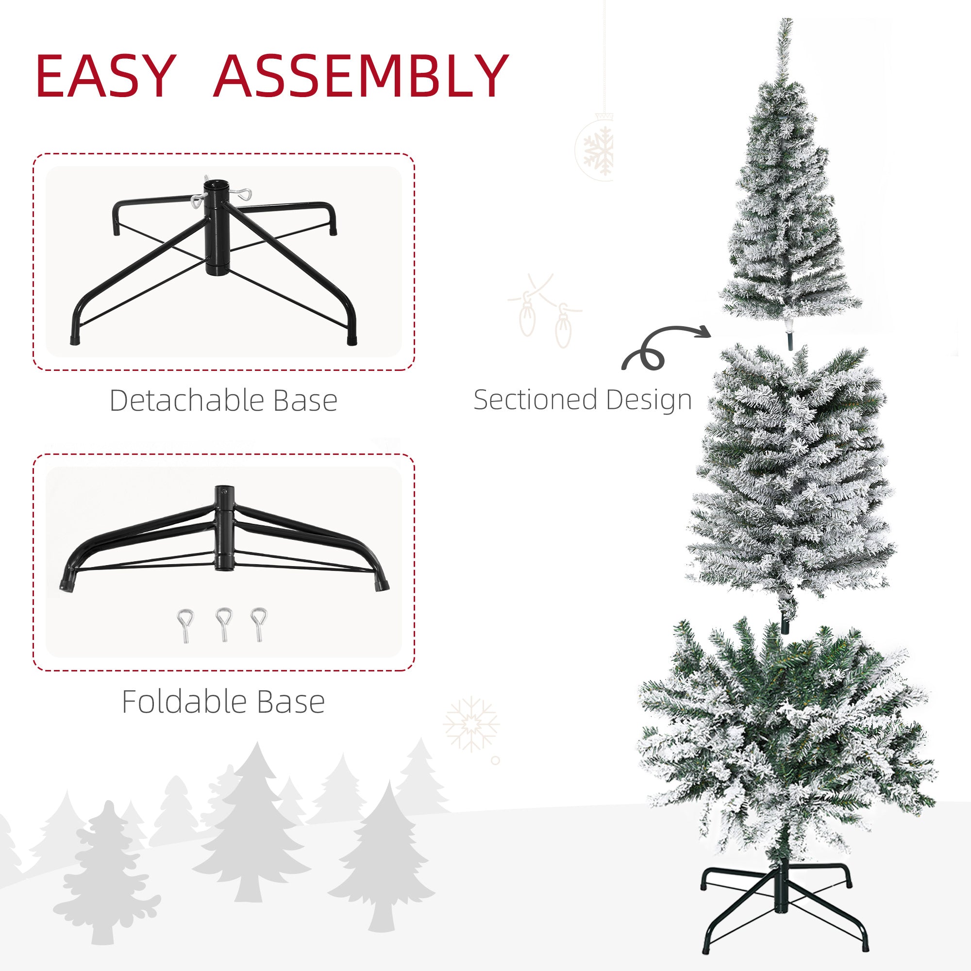 7.5ft Flocked Christmas Tree, Pencil Artificial Xmas Tree with Faux Snow, Dense Branches, Foldable Metal Base for Indoor Holiday Decor