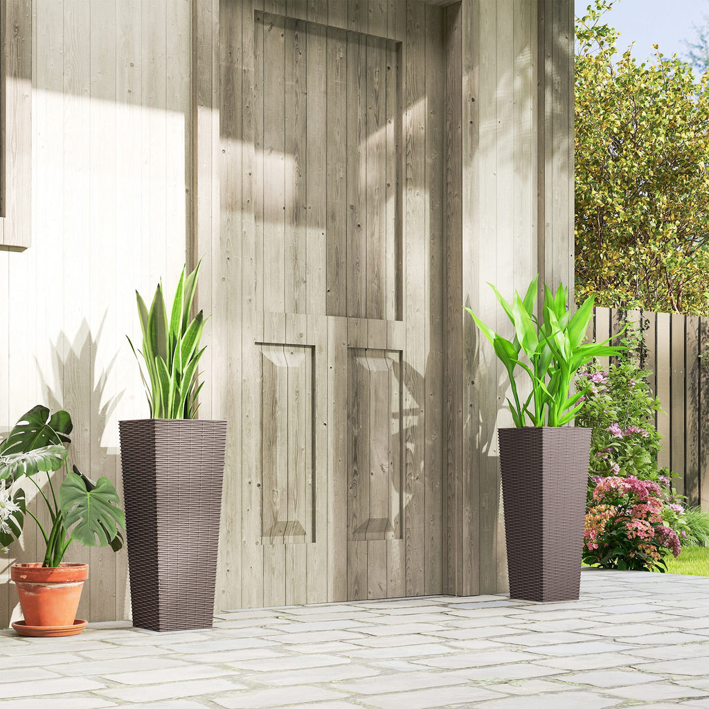 23.6 Inch Tall Planters for Outdoor Plants, Set of 2 Plastic Flower Pots with Drainage Holes, Brown