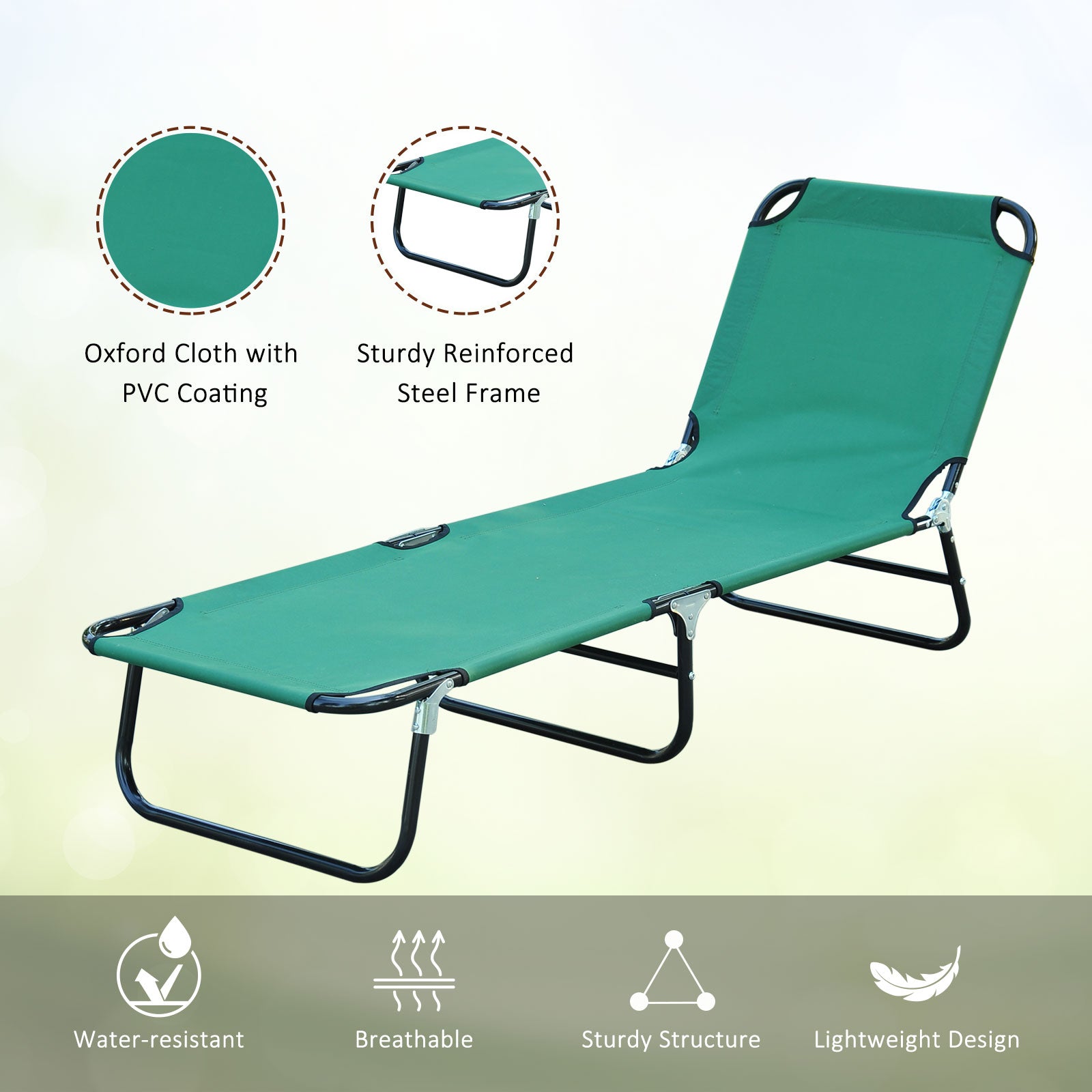 Folding Patio Lounge Chair, Outdoor Sun Tanning Chair, 5-level Adjustable Back, Chaise Pool Breathable Chair with Steel Frame, for Beach, Yard, Green