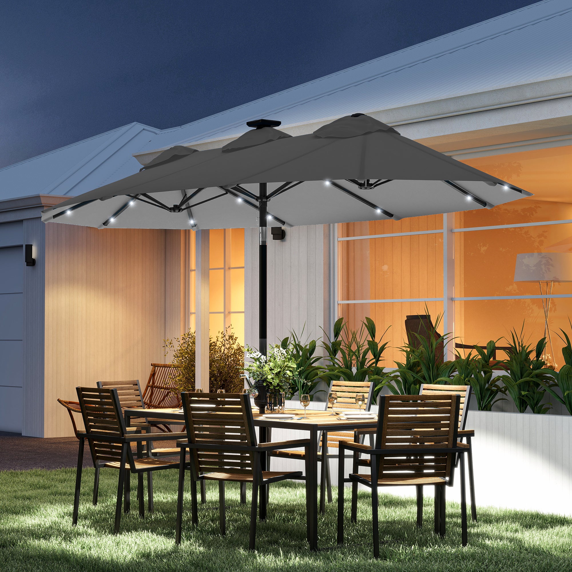 Double-sided Patio Umbrella, 9.7' Outdoor Umbrella with Tilt and Crank, LED Solar Light and 12 Ribs, Gray