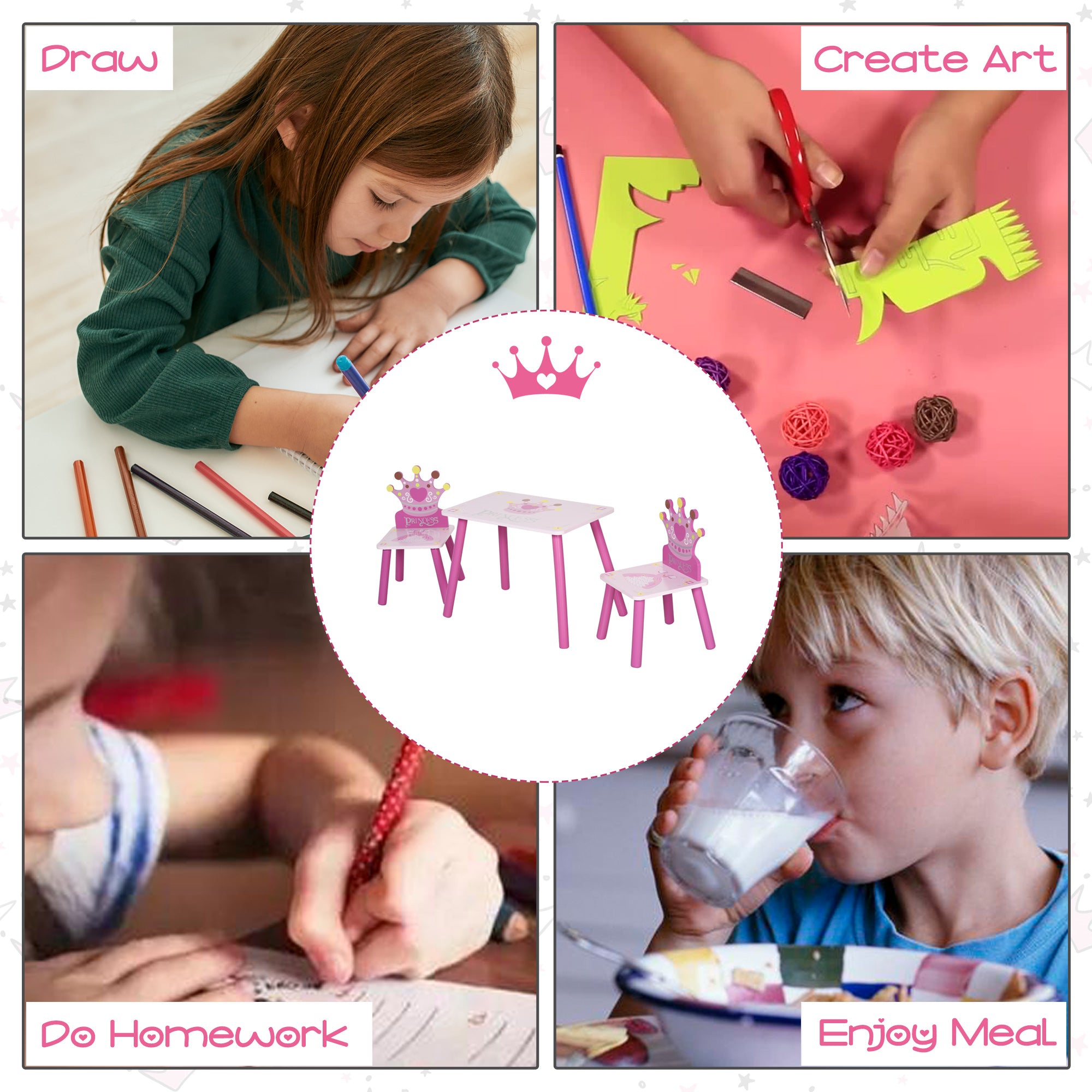 3-Piece Kids Wooden Table and Chair Set with Crown Pattern Gift for Girls Toddlers Arts Reading Writing Age 2-4 Years Pink