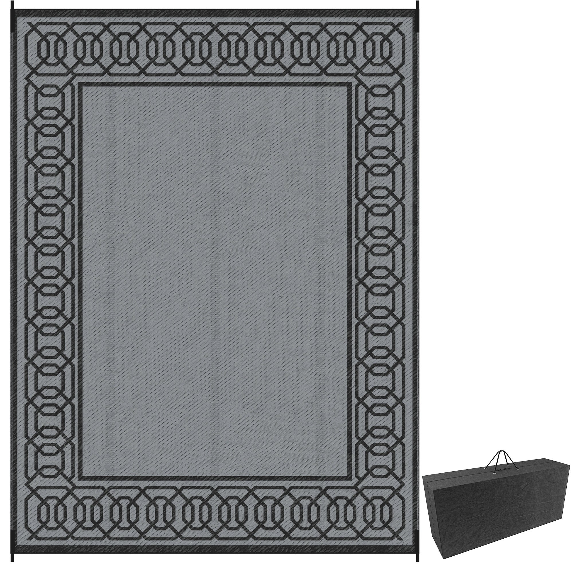 Outdoor Rug for Patio, 9' x 12' Waterproof Large Mat, Reversible Plastic Straw Rug for Decor, Portable Outside RV Camping Area Carpet Mat for Backyard Porch Deck Picnic, Black & Gray Border