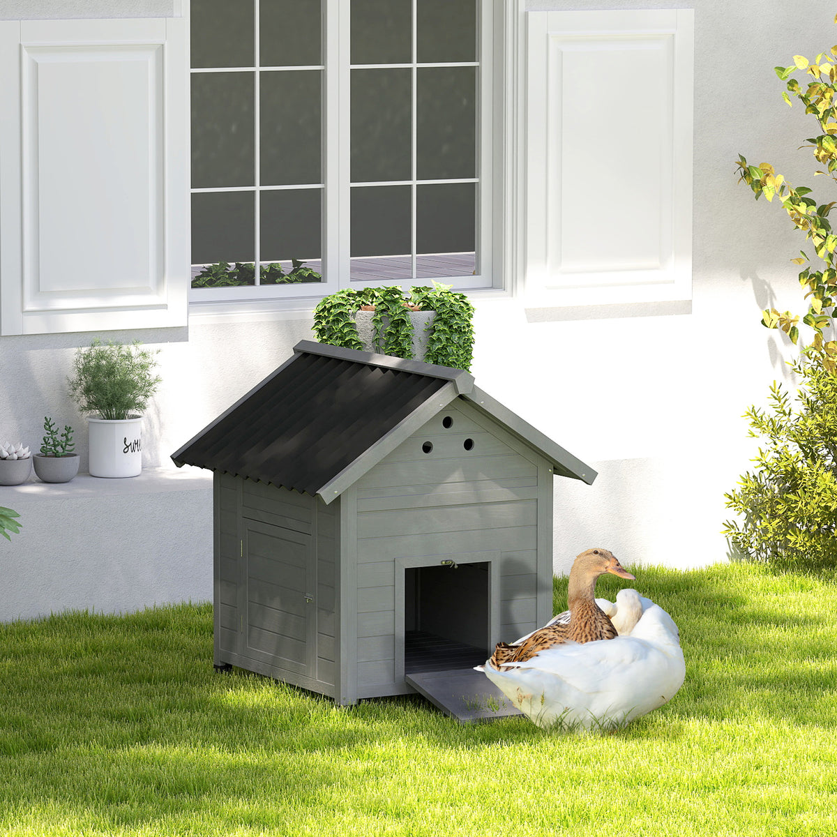 Duck Coop, Wooden Duck House with Openable Roof & Double Doors, Light Gray