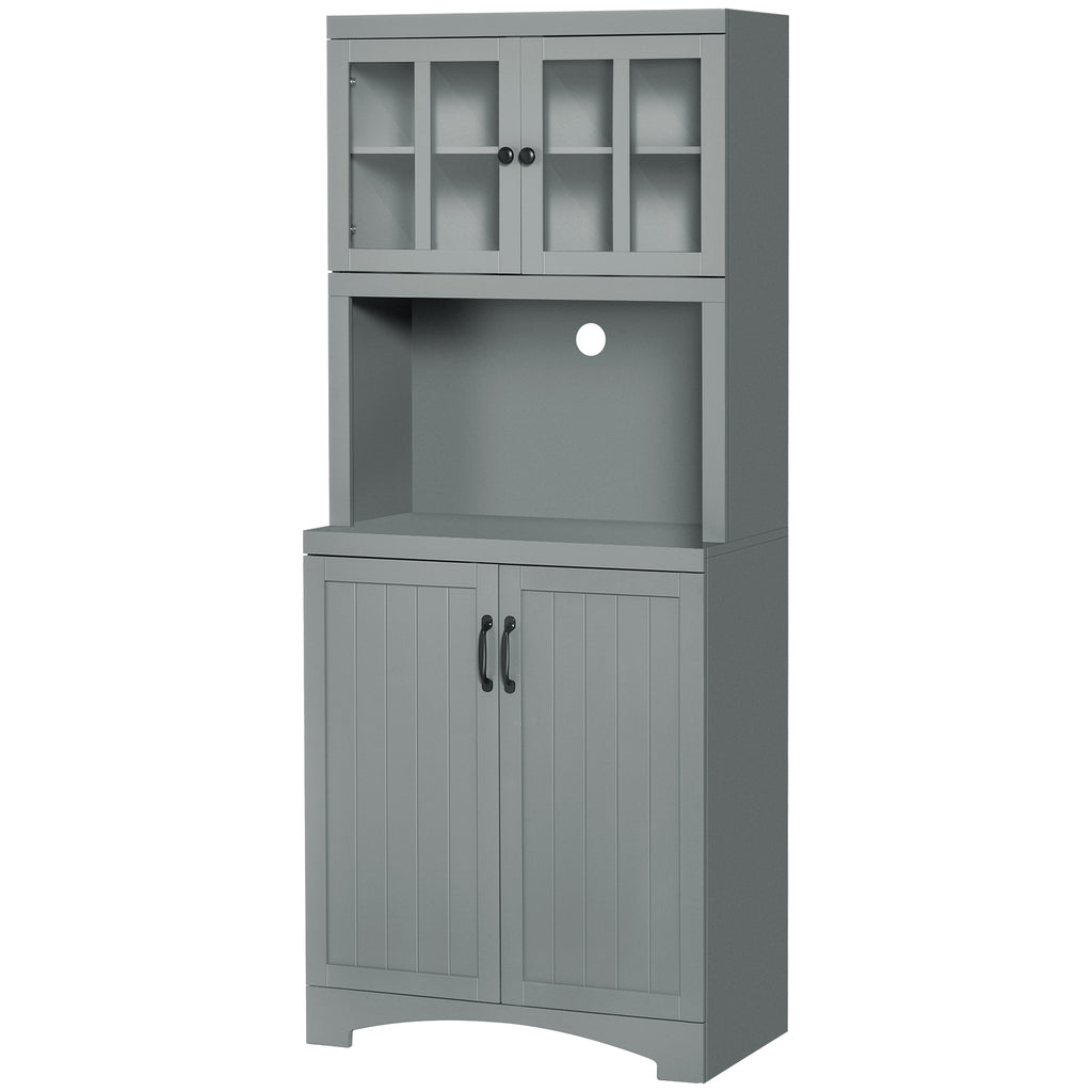 Storage Cabinet with Adjustable Shelves and Microwave Space, 70" Pantry Cabinet with Glass Framed Door, Gray