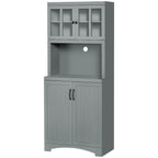 Storage Cabinet with Adjustable Shelves and Microwave Space, 70" Pantry Cabinet with Glass Framed Door, Gray
