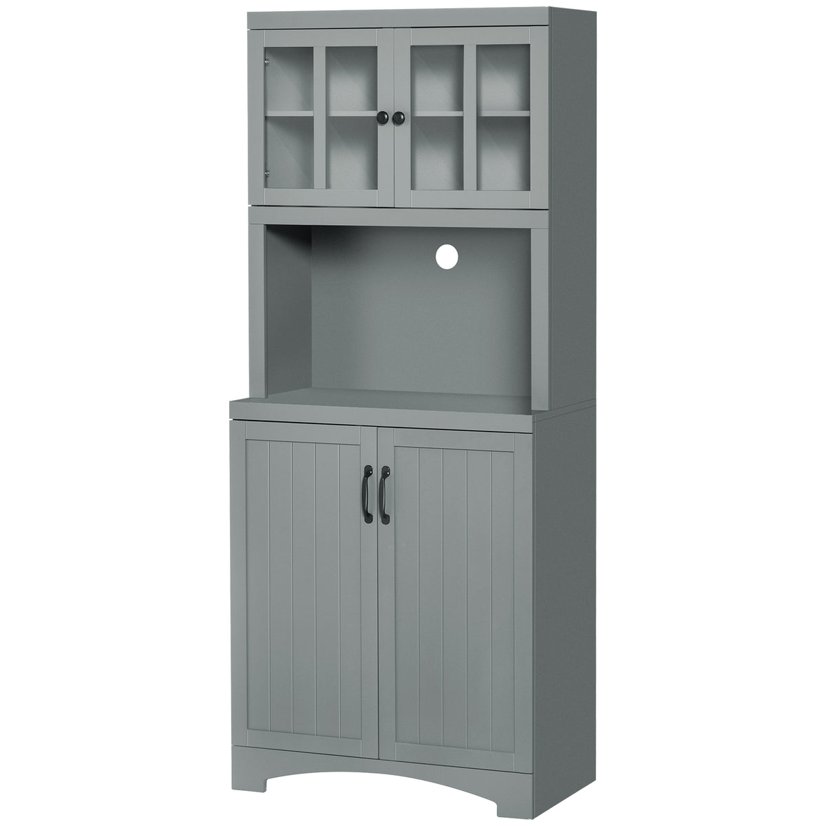 Storage Cabinet with Adjustable Shelves and Microwave Space, 70" Pantry Cabinet with Glass Framed Door, Gray