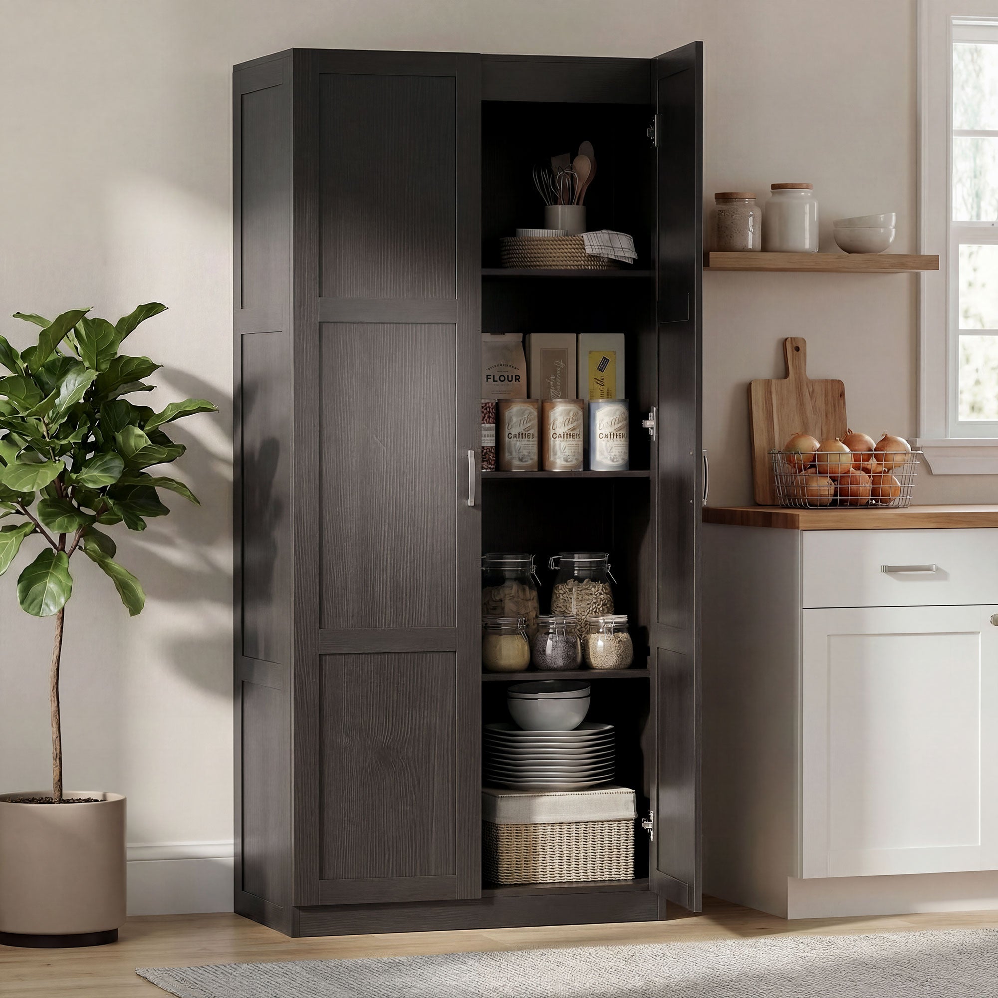 Farmhouse Pantry Cabinet, 71" Tall Kitchen Pantry Storage Cabinet with Soft-Close Hinges, Adjustable Shelves, Espresso