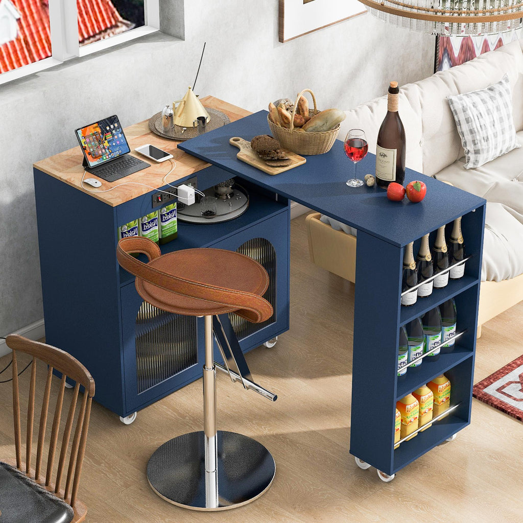 LED Kitchen Island with Extended Table, Power Outlets, Storage Shelves, Utility Cart with Fluted Glass Doors, 56.5" L x 33" W x 38" H, Navy Blue