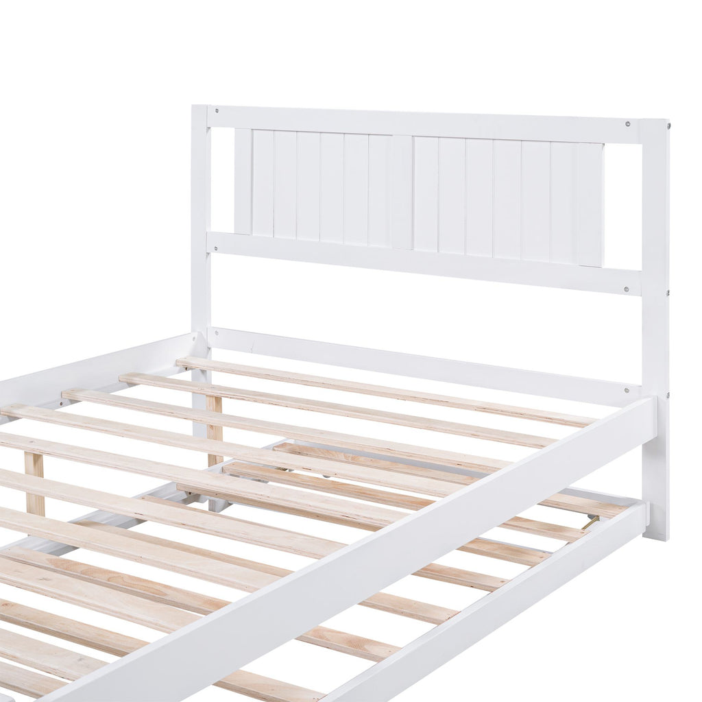 Full Size Platform Bed with Adjustable Trundle, Solid Pine Wood and MDF, 78" L x 97.5" W x 39.5" H, White