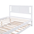 Full Size Platform Bed with Adjustable Trundle, Solid Pine Wood and MDF, 78" L x 97.5" W x 39.5" H, White