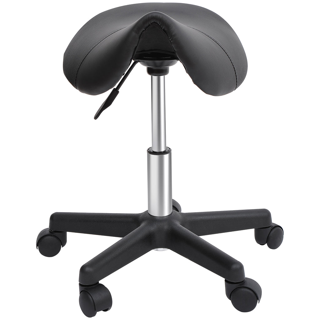 Rolling Saddle Stool, Swivel Salon Chair, Ergonomic Faux Leather Stool, Adjustable Height with Wheels for Spa, Salon, Massage, Office, Black