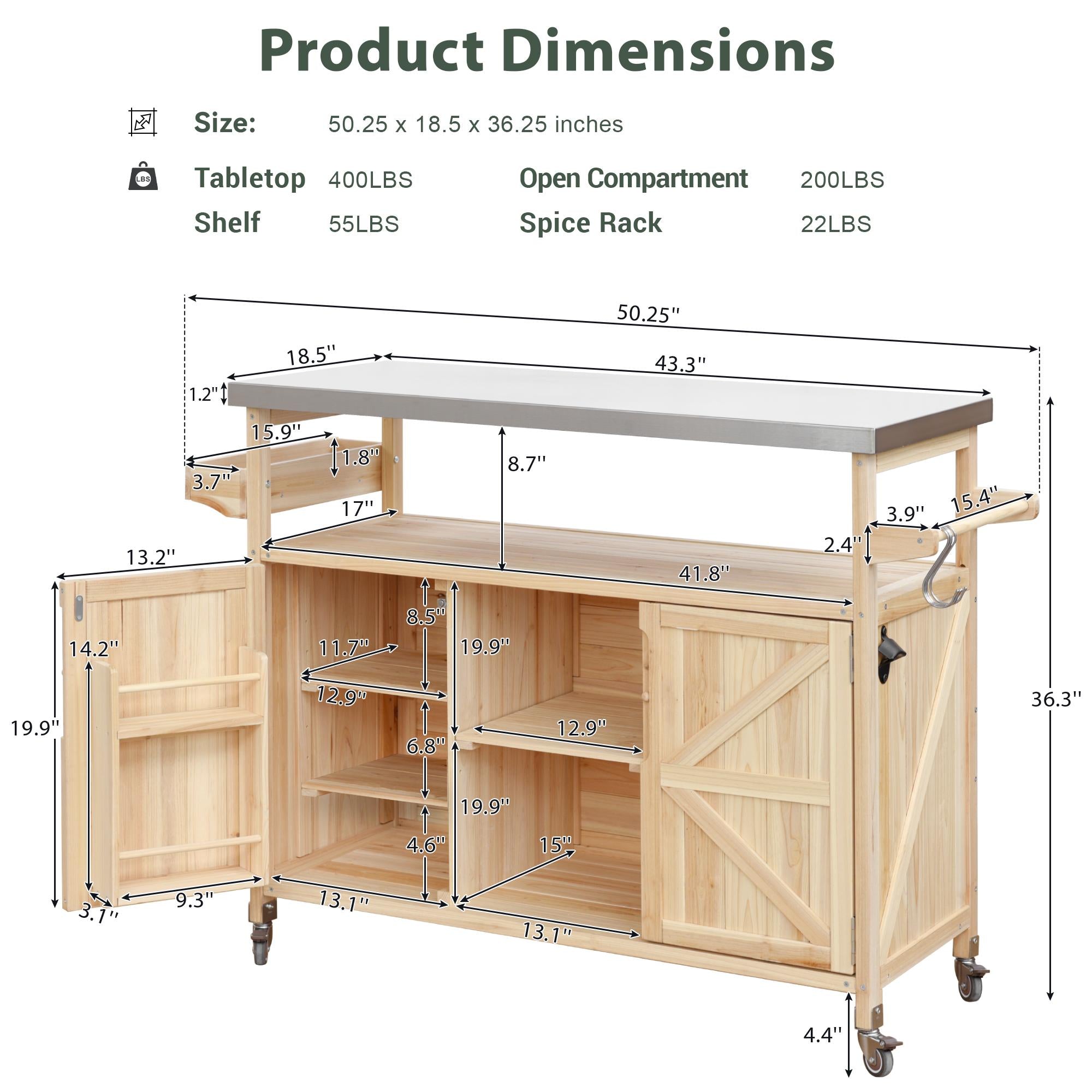 Outdoor Kitchen Island with Stainless Steel Top, Spice and Towel Rack, Rolling Bar Cart with Lockable Wheels, 50" L x 18.5" W x 36.5" H, Natural