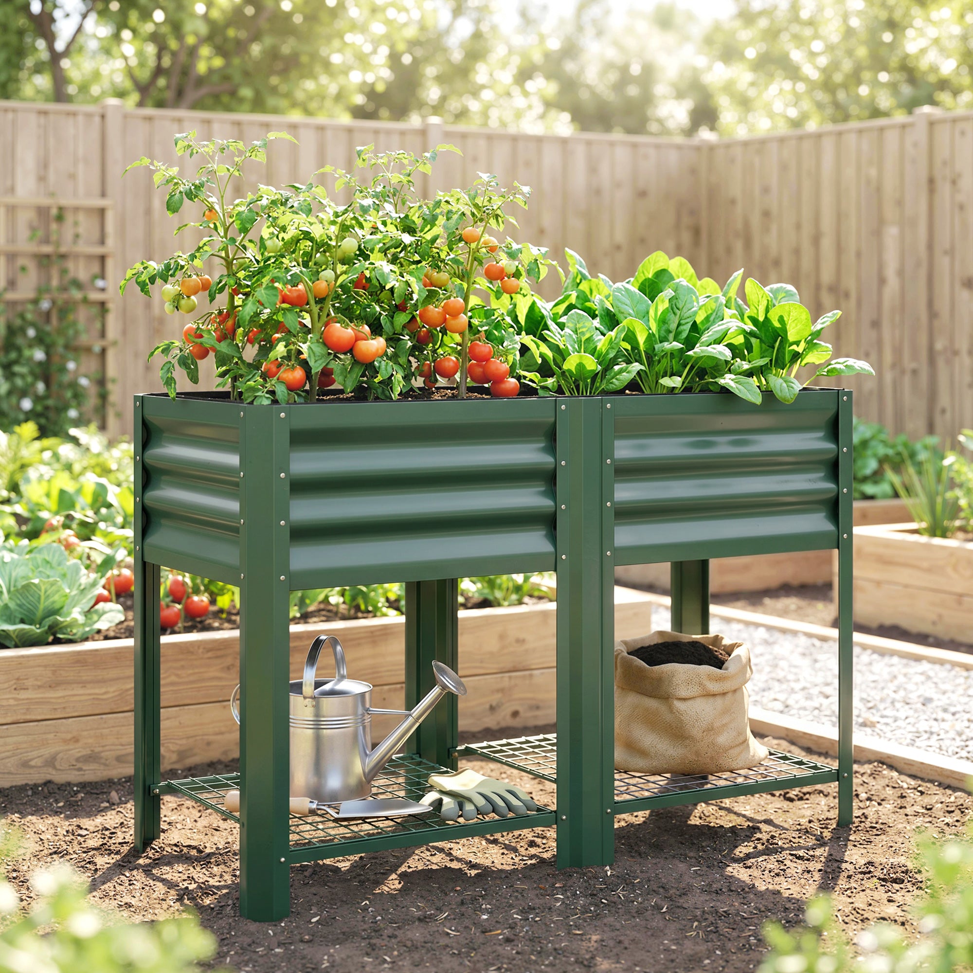 Raised Garden Bed Galvanized Steel, Elevated Planter Box with Storage Shelf, Bed Liner, 31.5" High, Green
