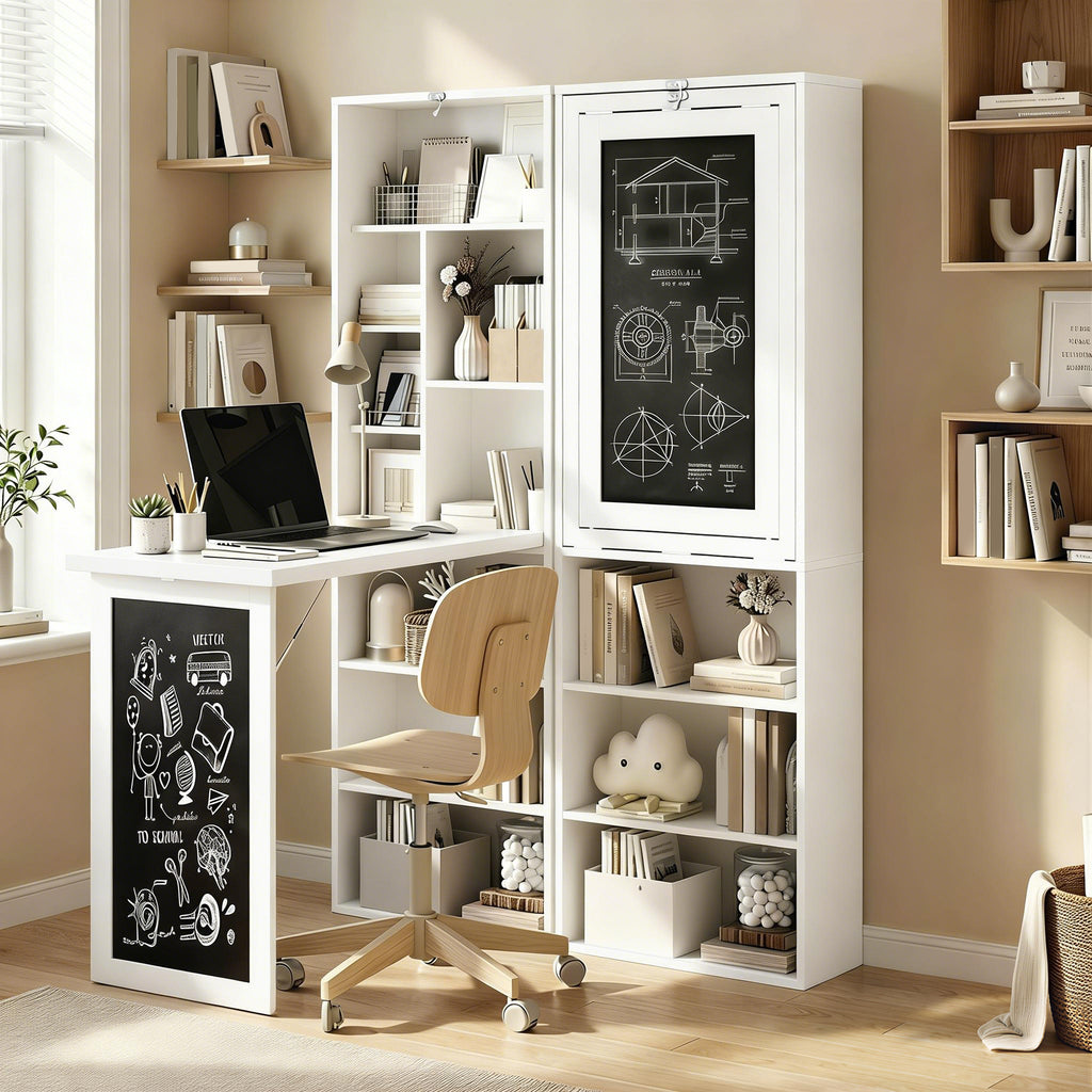 Fold-out Convertible Office Desk, Wall Mount Computer Desk with Blackboard and Side Shelf, White