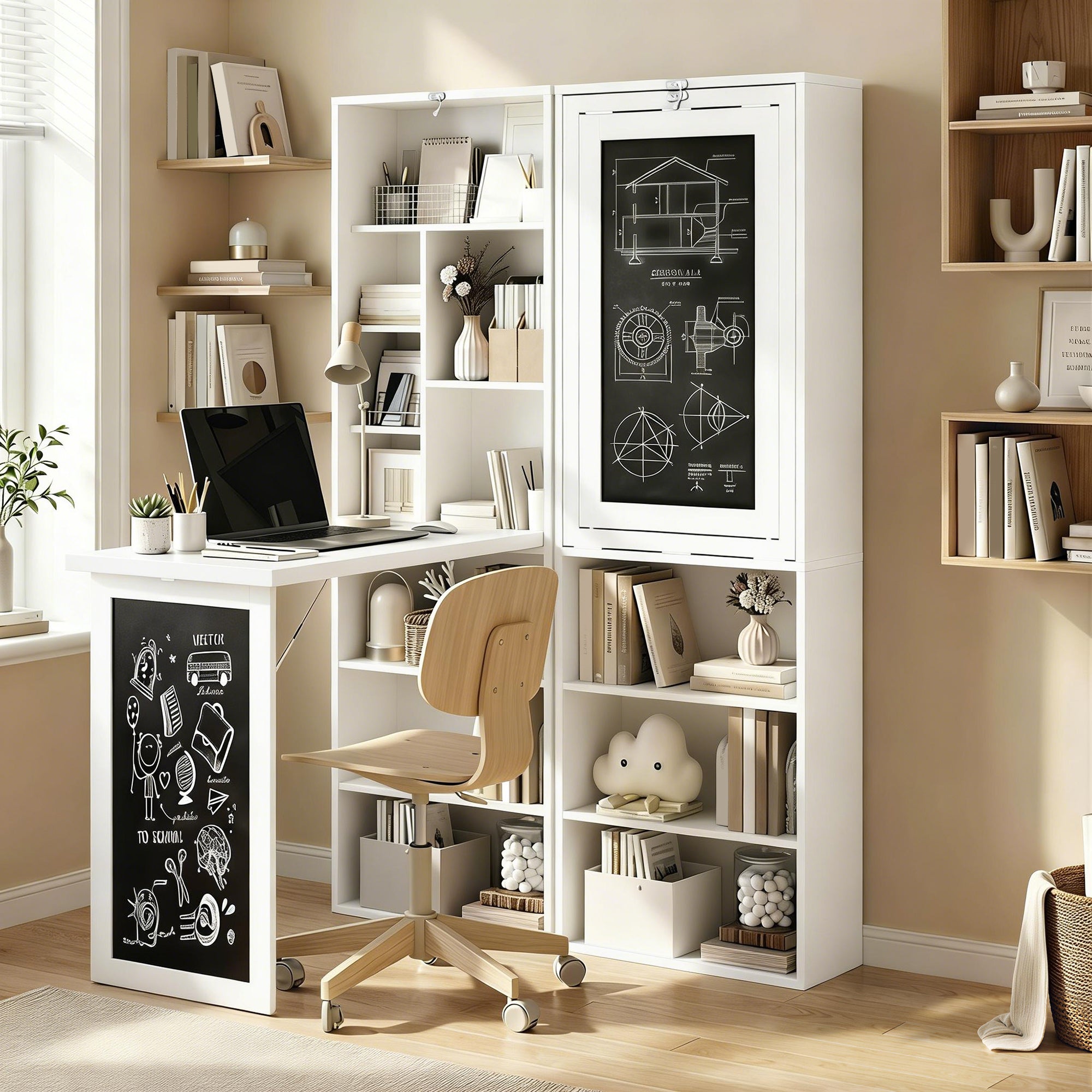 Fold-out Convertible Office Desk, Wall Mount Computer Desk with Blackboard and Side Shelf, White
