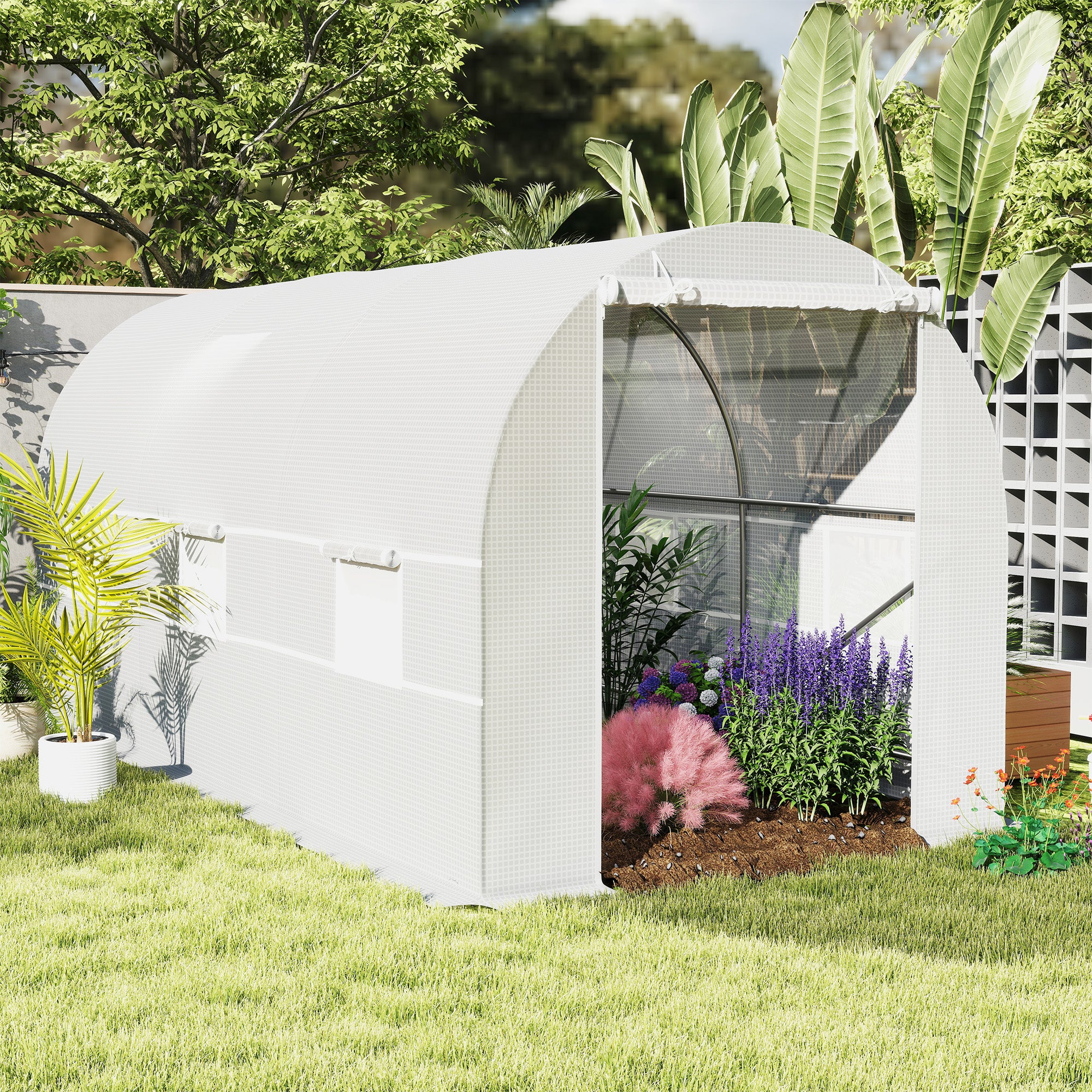 15' x 7' x 7' Walk-In Tunnel Greenhouse, Large Garden Hot House Kit with 6 Roll-up Windows & Roll Up Door, Steel Frame, White