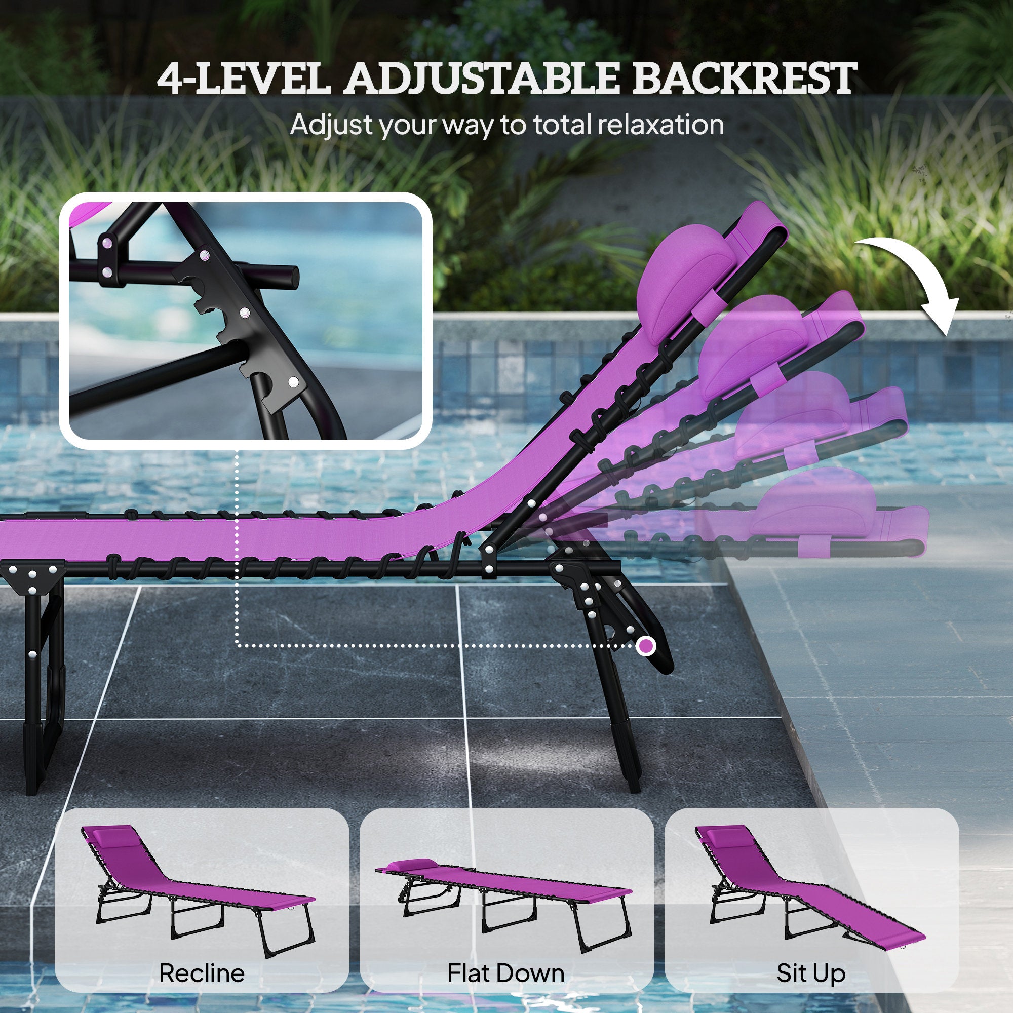 2 Folding Chaise Lounge Pool Chairs with 4-Position Reclining Back, Pillow, Breathable Mesh & Bungee Seat, Purple