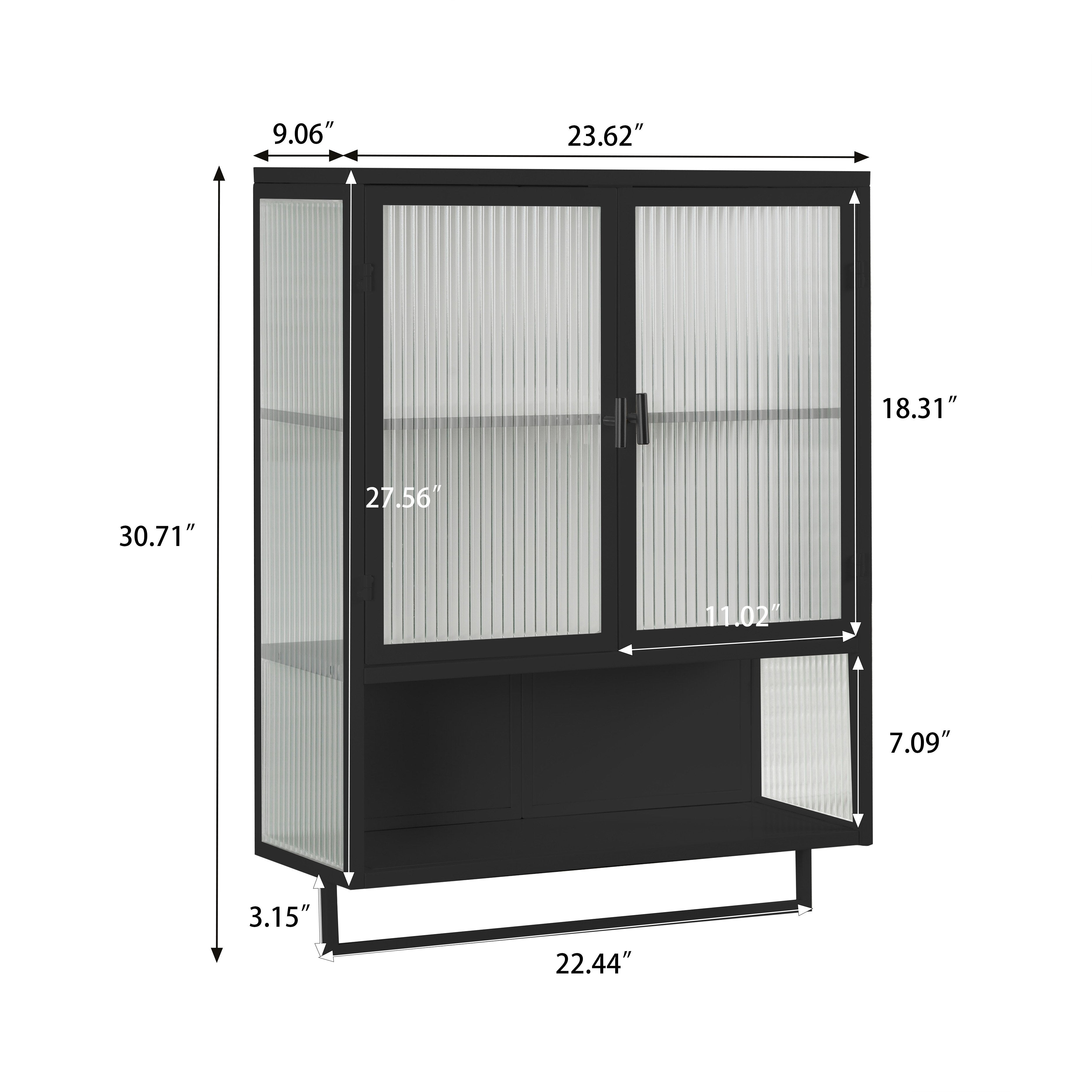 23.62" Modern Wall Cabinet with Glass Doors, Two-Tier Enclosed Storage, Open Shelf, and Towel Rack for Living Room, Dining Room, Bathroom, 23.62"L x 9.06"W x 30.71"H, Black