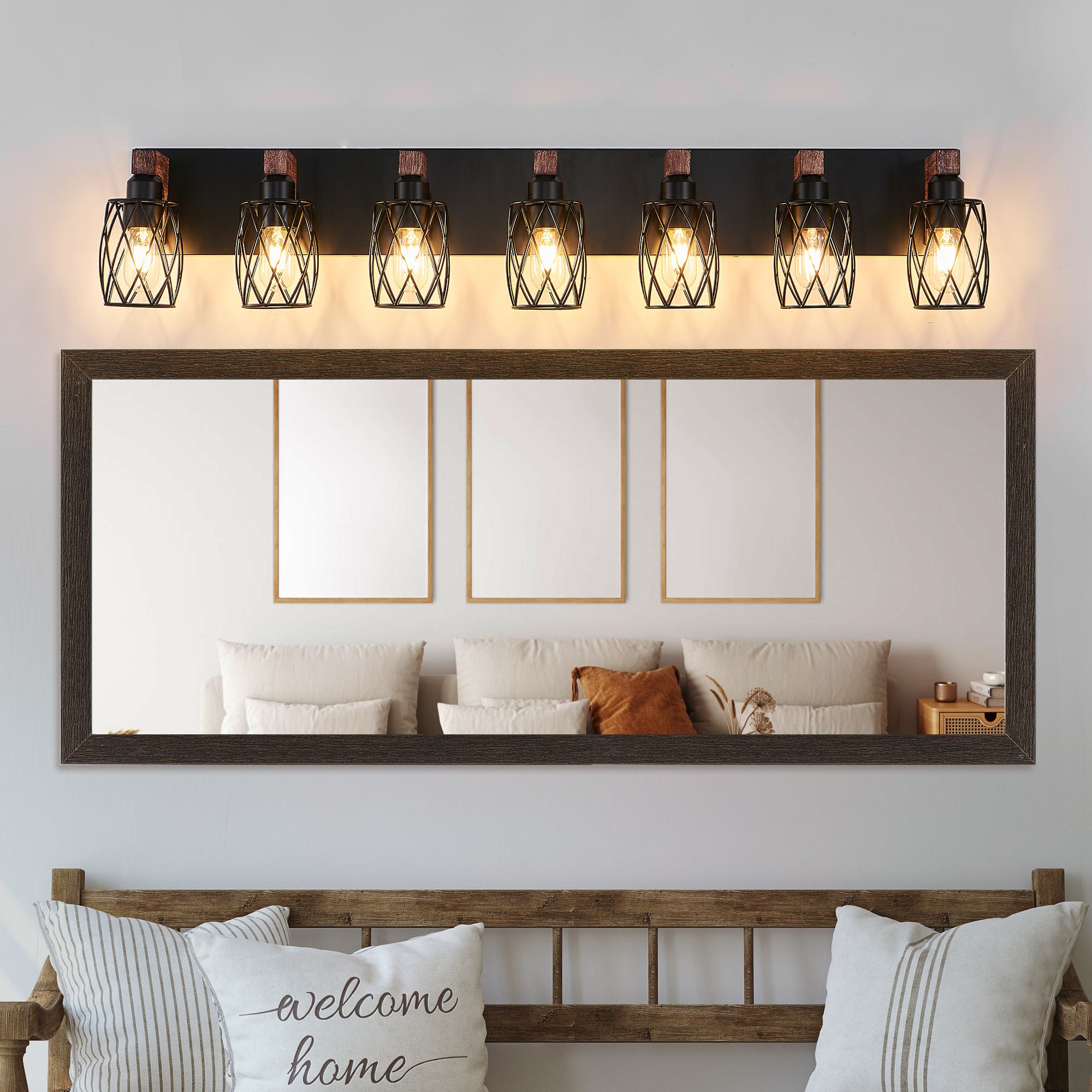 Industrial 7-Light Wall Sconce with Metal Wire Cage Shades, Wooden Accents, Ideal for Bathroom, Hallway, 44" L x 6" W x 8.5" H, Walnut+Black