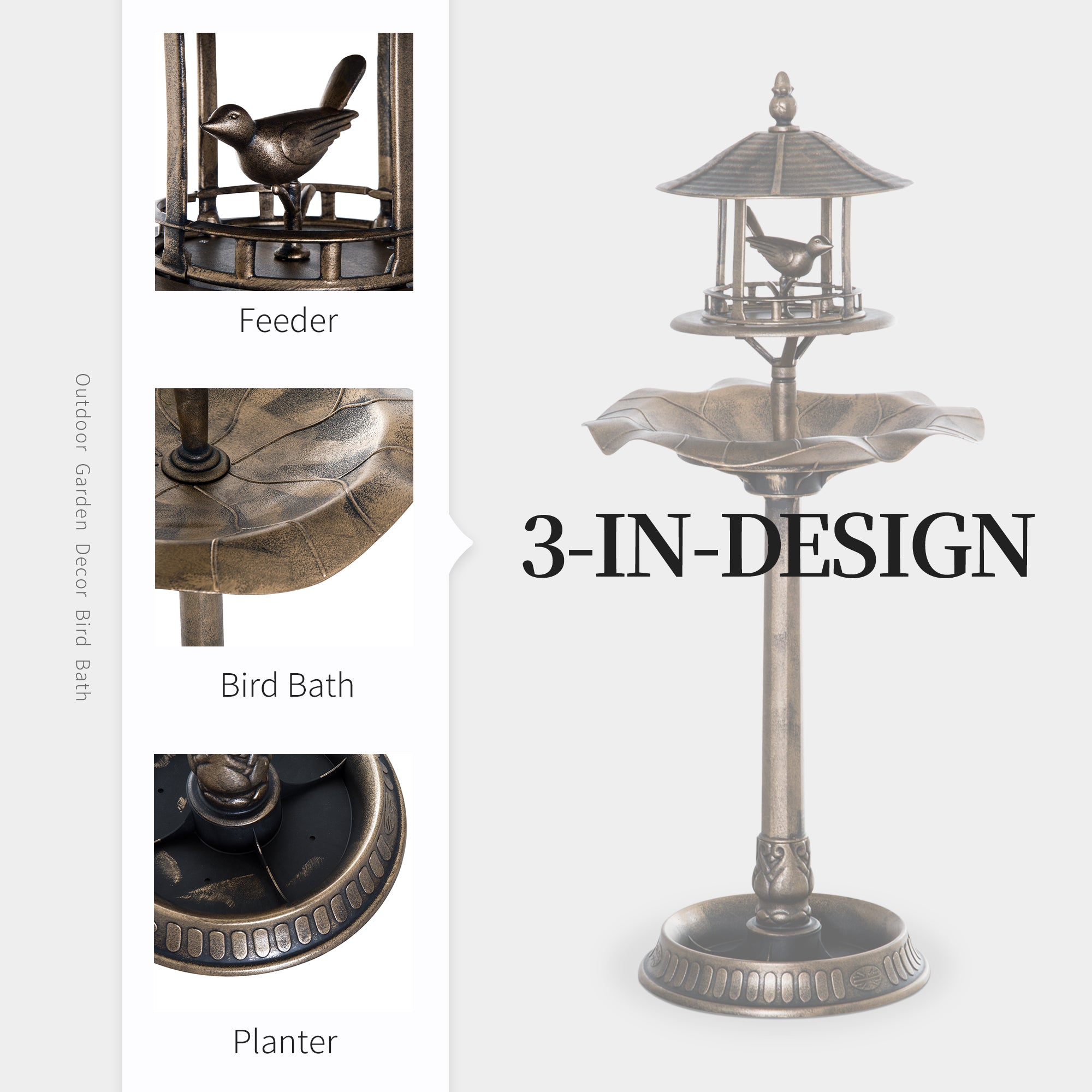 3 in 1 Garden Bird Bath Bowl Pedestal with Bird Feeder, Large Water Basin, Underneath Flower Planter, Bronze