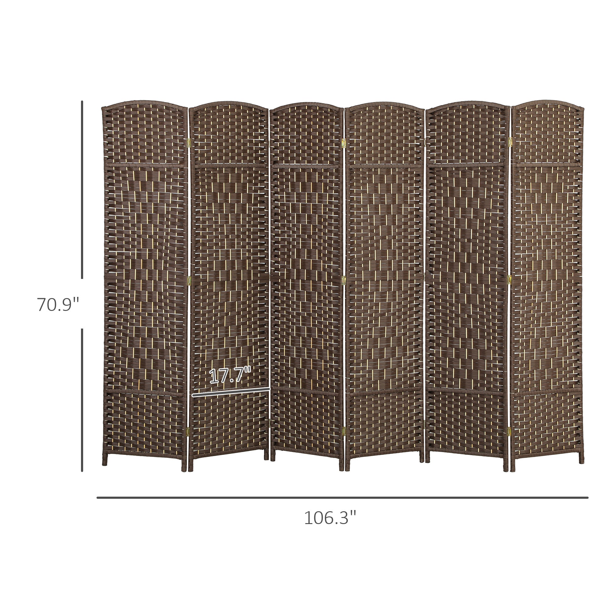 Folding Room Divider Screen 6 Panel 6' Tall Privacy Screen Freestanding Wood Partition for Home Office, Brown