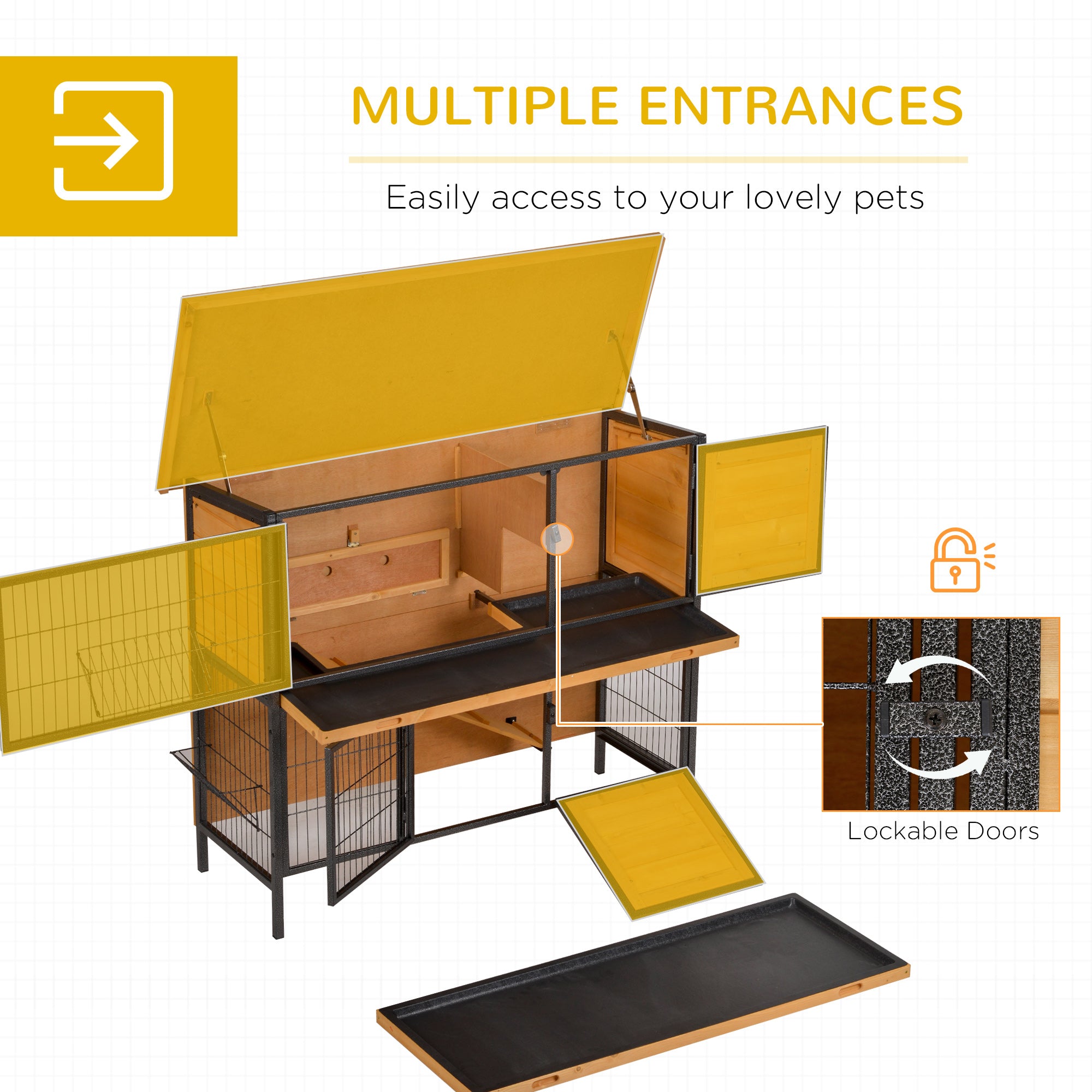 48" 2-Story Large Rabbit Hutch Bunny Cage Wooden Pet House Metal Frame with Rooms, Ramp, No Leak Tray, Feeding Trough, Waterproof Asphalt Roof for Rabbits, Chickens, Ducks, Outdoor/Indoor