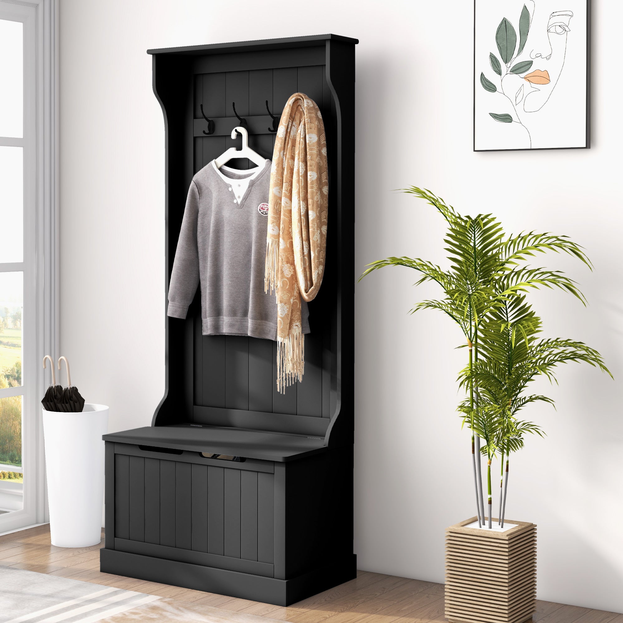 Entryway Hall Tree with Coat Rack and Sitting Bench, Mudroom Bench with Storage and Hooks, Black
