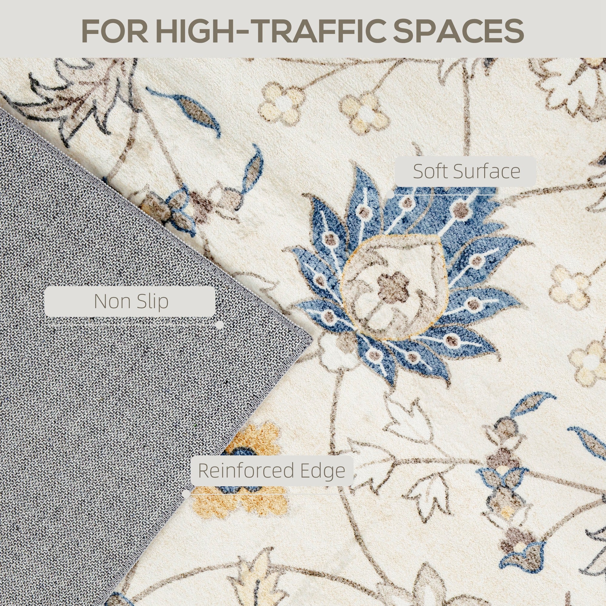 Machine Washable Area Rug 4x6, Non-Slip Boho Floral Print Floor Carpet for Living Room, Bedroom, Dining Room, Blue