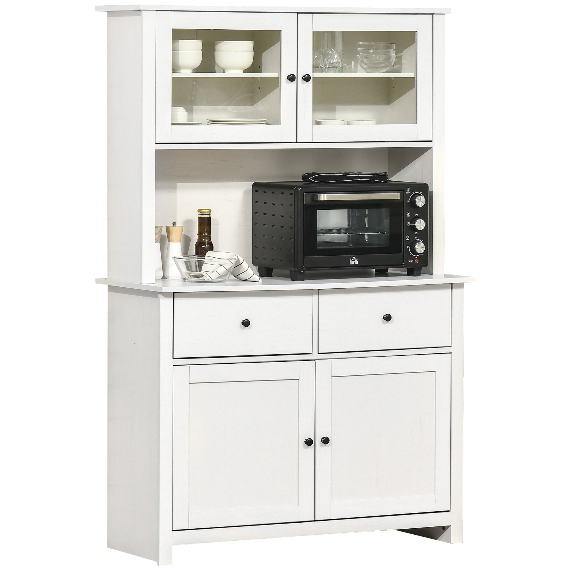 63.5" Kitchen Buffet with Hutch, Pantry Storage Cabinet with 4 Shelves, Drawers, Framed Glass Doors, Open Microwave Countertop, Antique White