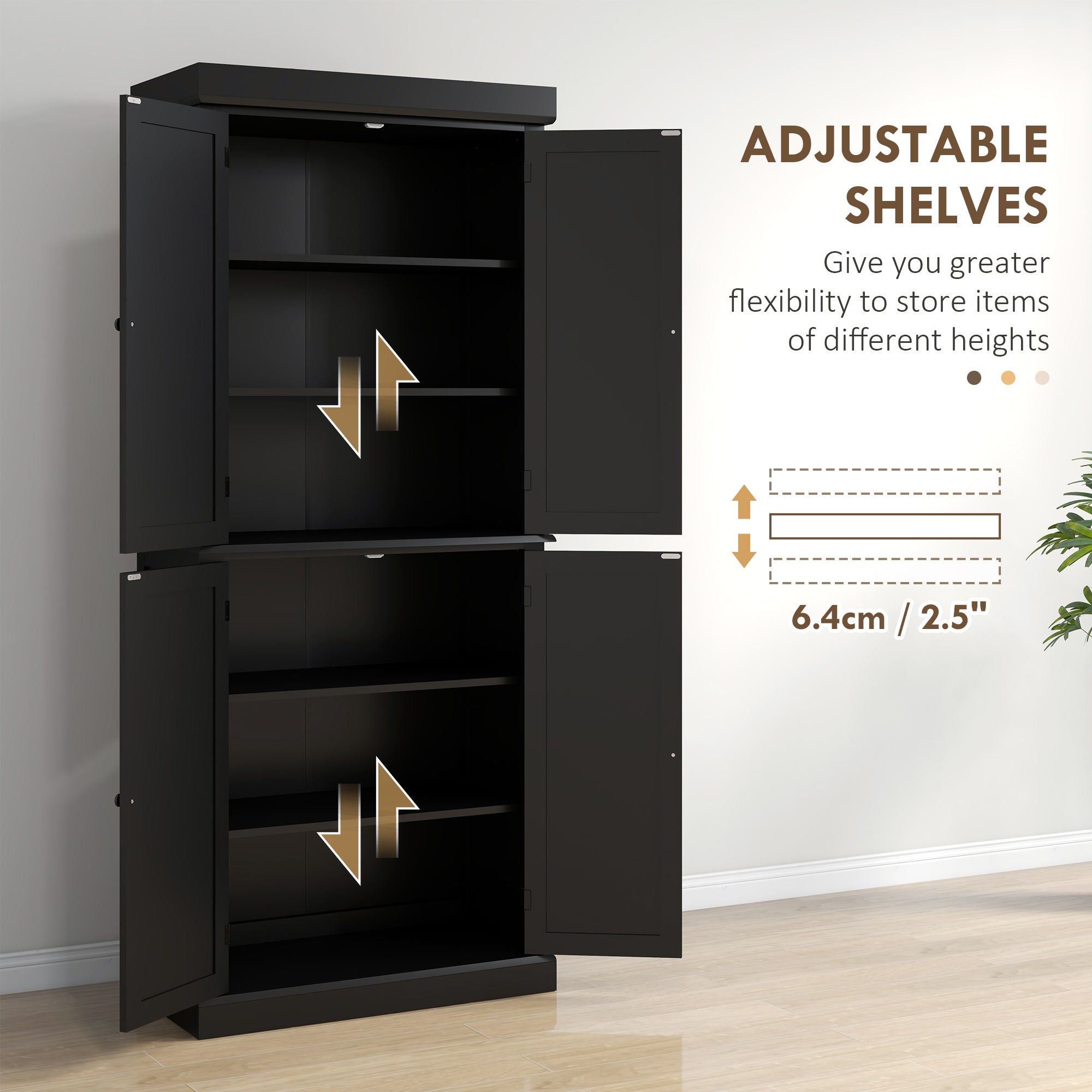 72" Kitchen Cabinet, Pantry Storage Cabinet with Doors and Shelves, Freestanding Food Pantry Cabinet, Black