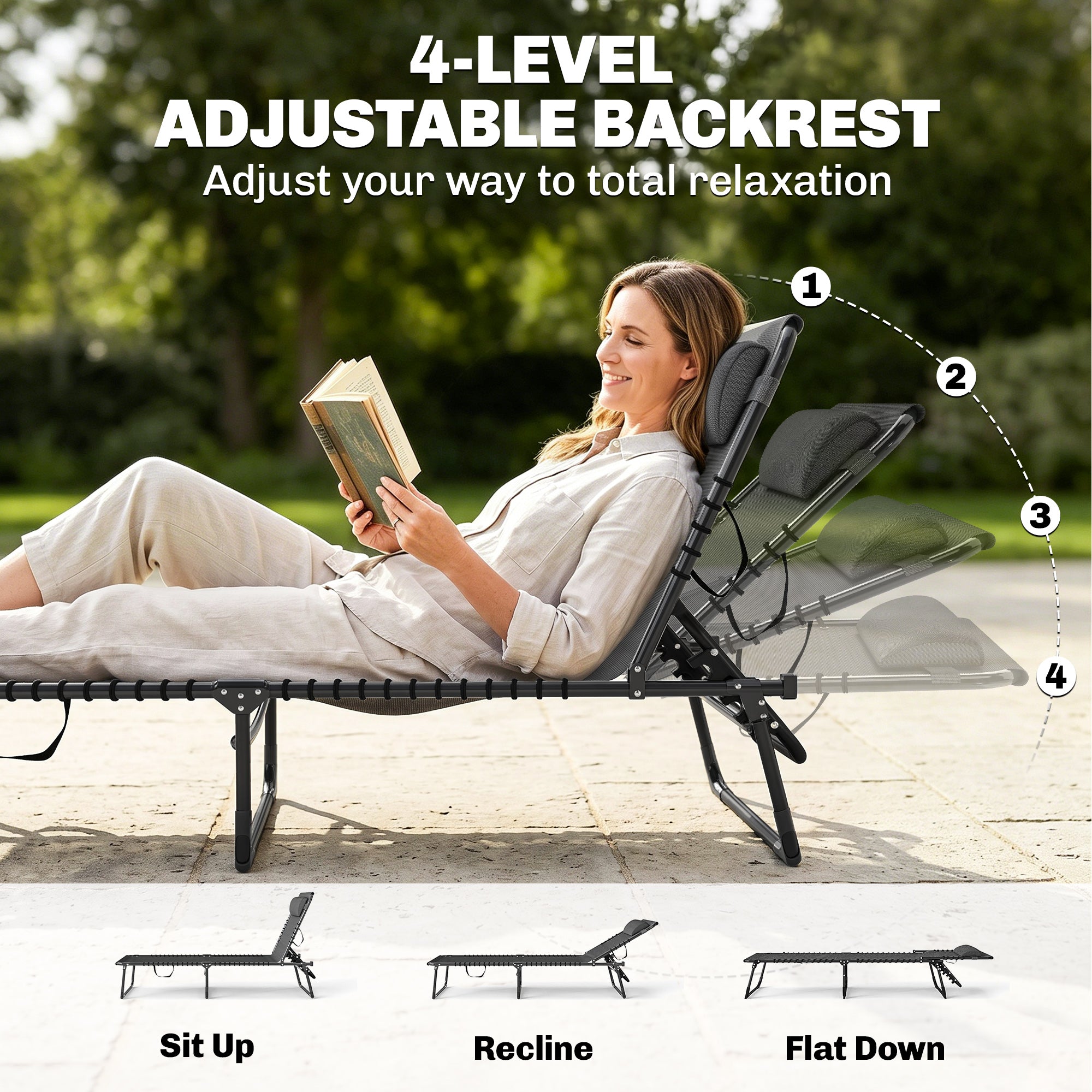2 Folding Chaise Lounge Pool Chairs with 4-Position Reclining Back, Pillow, Breathable Mesh & Bungee Seat, Gray