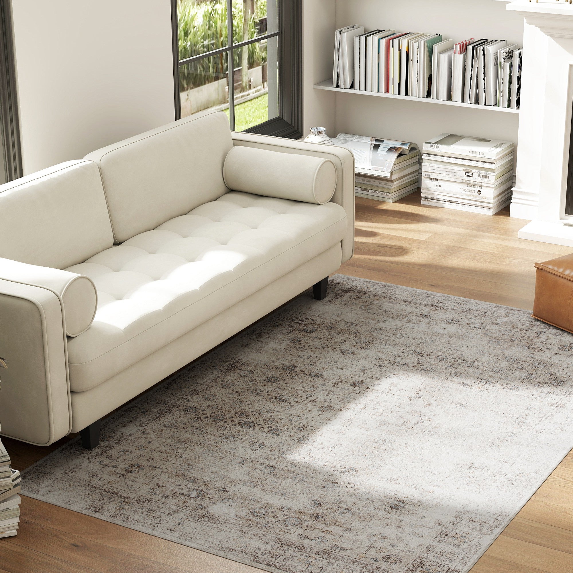 Machine Washable Area Rug 4x6, Non-Slip Traditional Floor Carpet for Living Room, Bedroom, Light Mixed-Brown