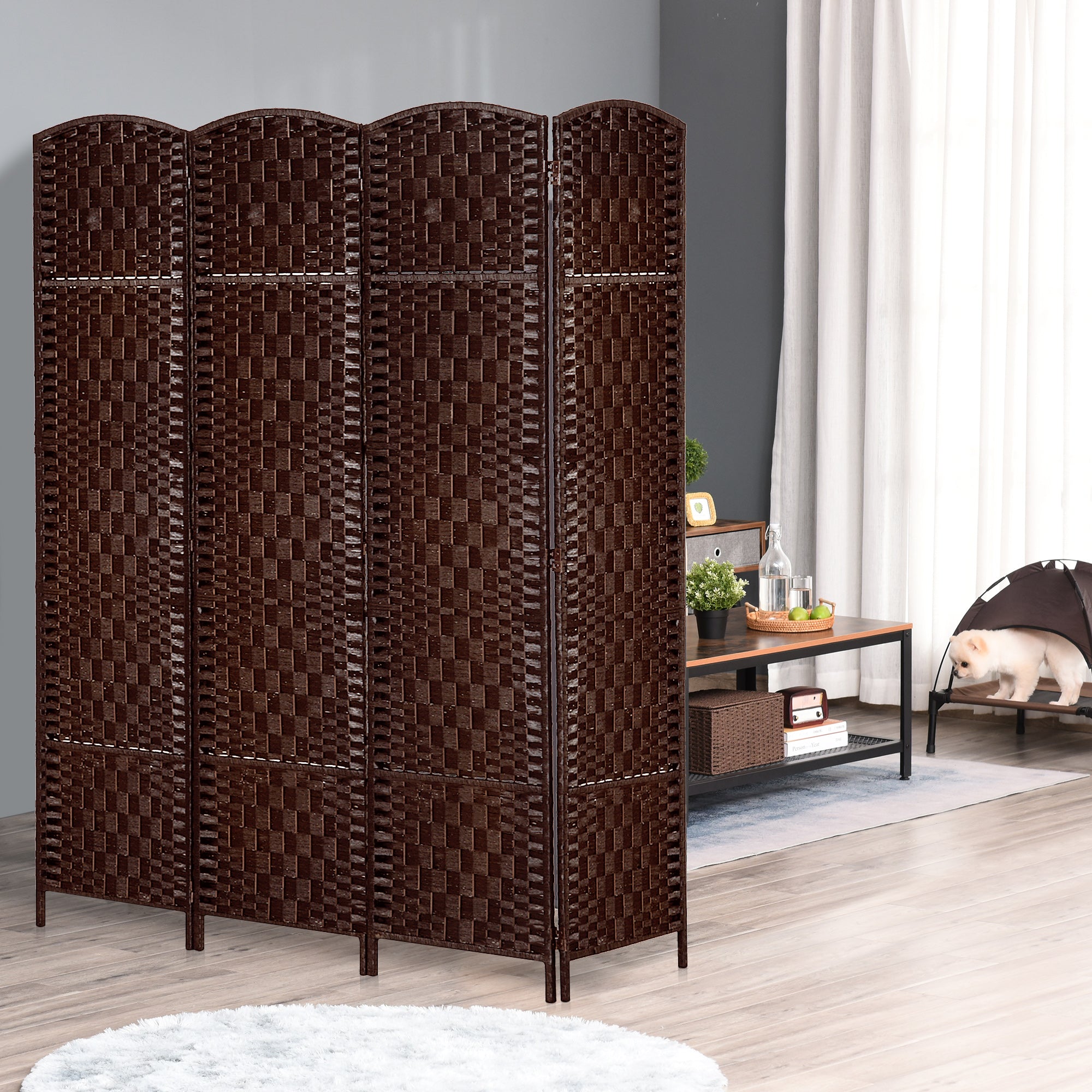Room Divider 4 Panel, 6FT Tall Folding Privacy Screen, Freestanding Hand-Woven Partition for Room Separation with 360° Hinges, Paper Rope Diamond Weave, Brown