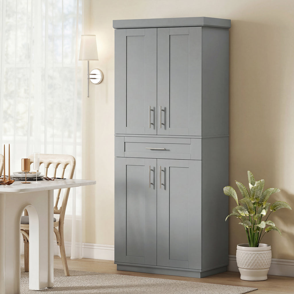 Modern Kitchen Pantry Freestanding Cabinet Cupboard with Doors and Drawer, Adjustable Shelving, Gray